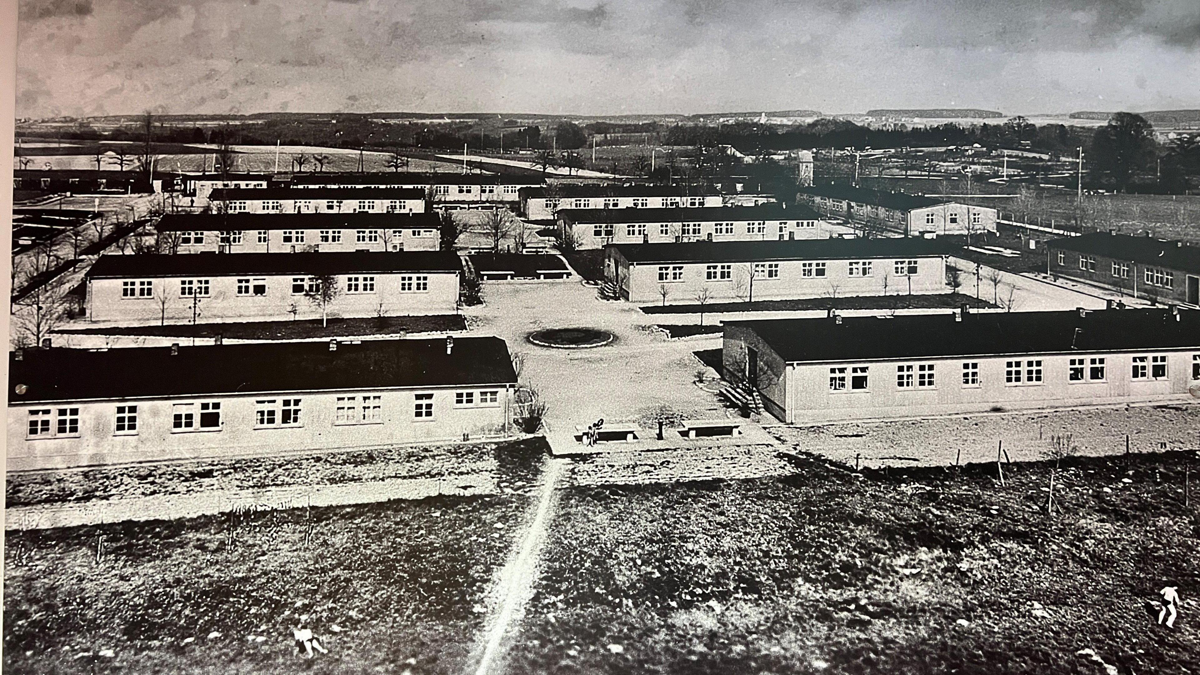 An image of the Biberach internment camp during the war showing blocks of buildings and fences.