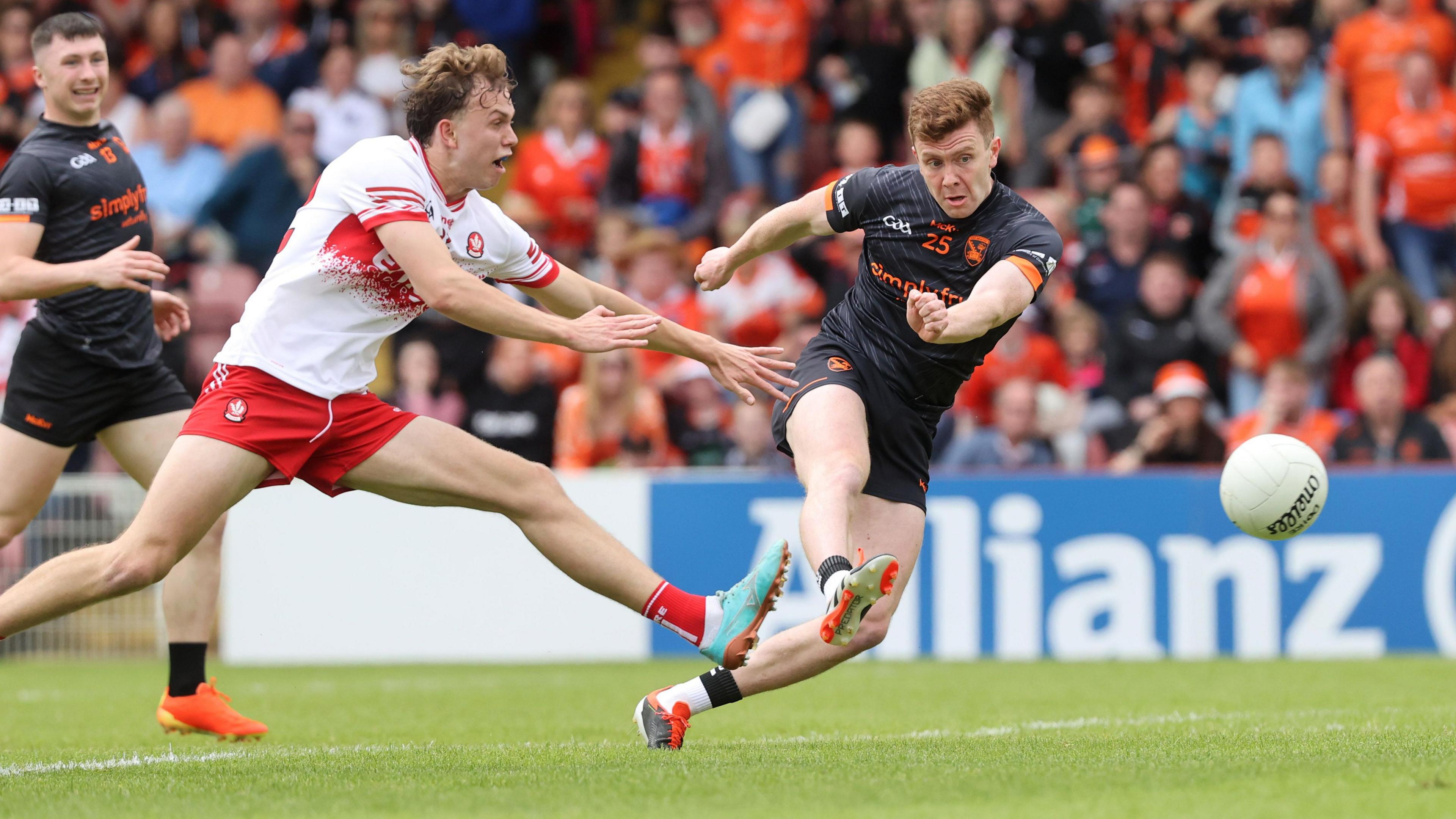 Ross McQuillan scores Armagh's firest goal in the 3-17 to 0-15 win over Derry at Celtic Park