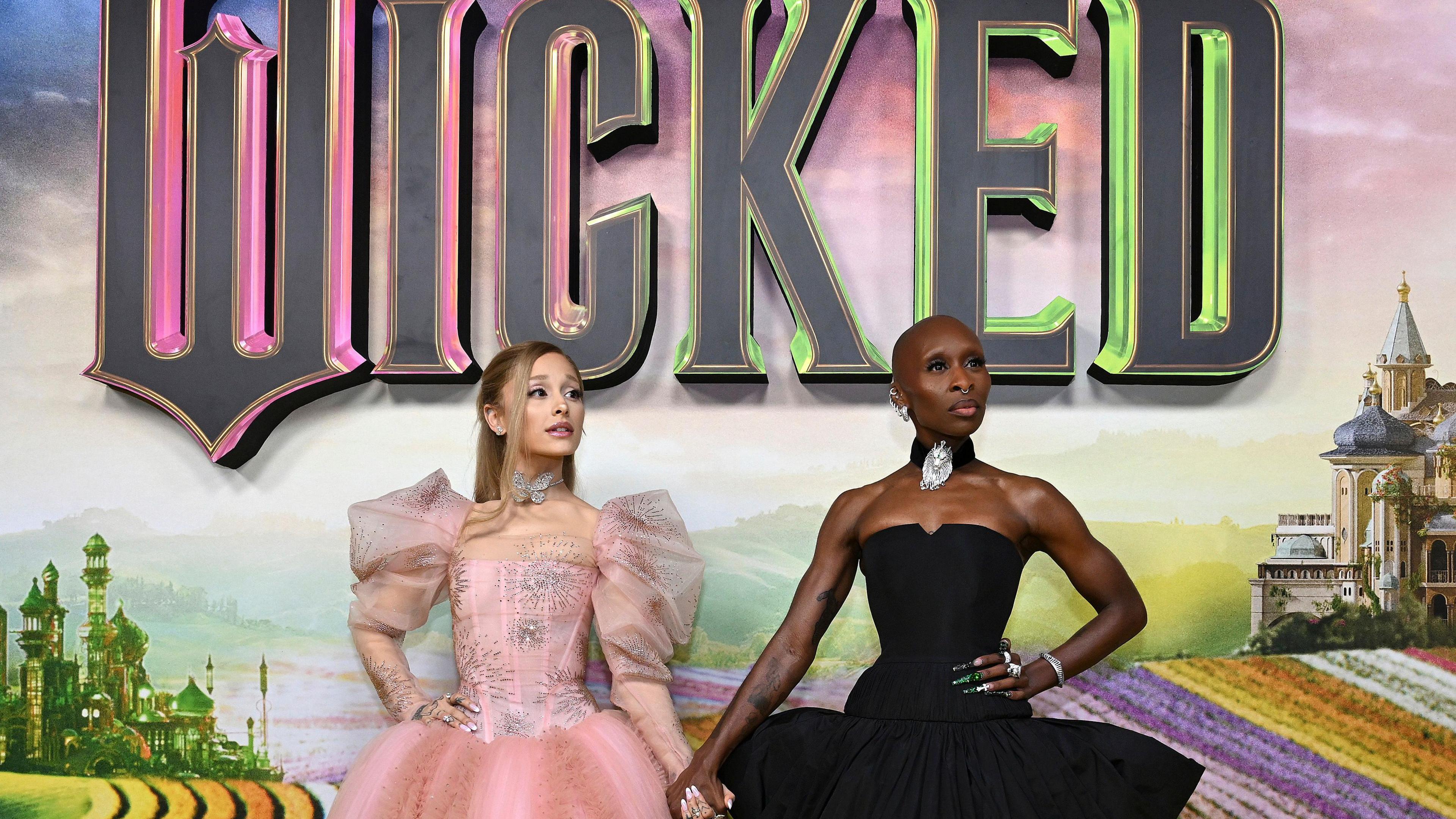 Ariana Grande and Cynthia Erivo pose in their gowns at the Wicked premiere in Australia 