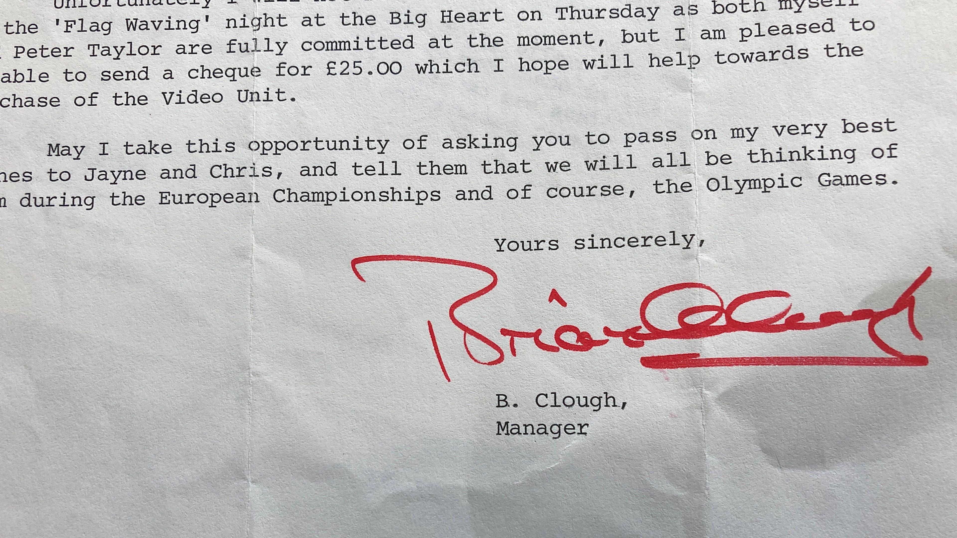 The photo shows part of a letter written by the then Nottingham Forest football manager Brian Clough. He has signed the letter and says he's sending a cheque for £25 to help buy video equipment for Torvill and Dean.