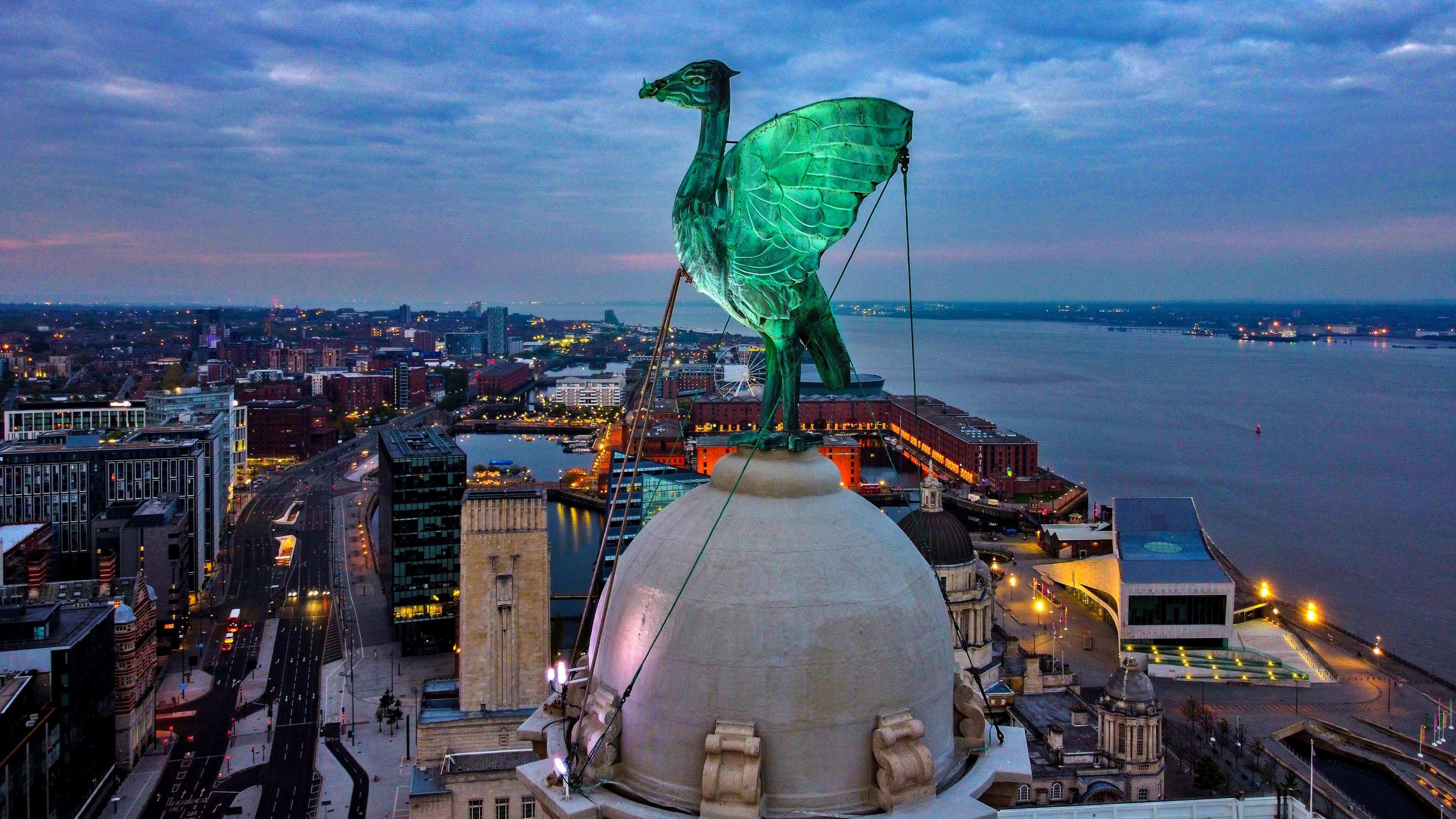 An aerial photo of the top of the Liver building in Liverpool. Other buildings can be seen in the background and the River Mersey to the right of the photo.