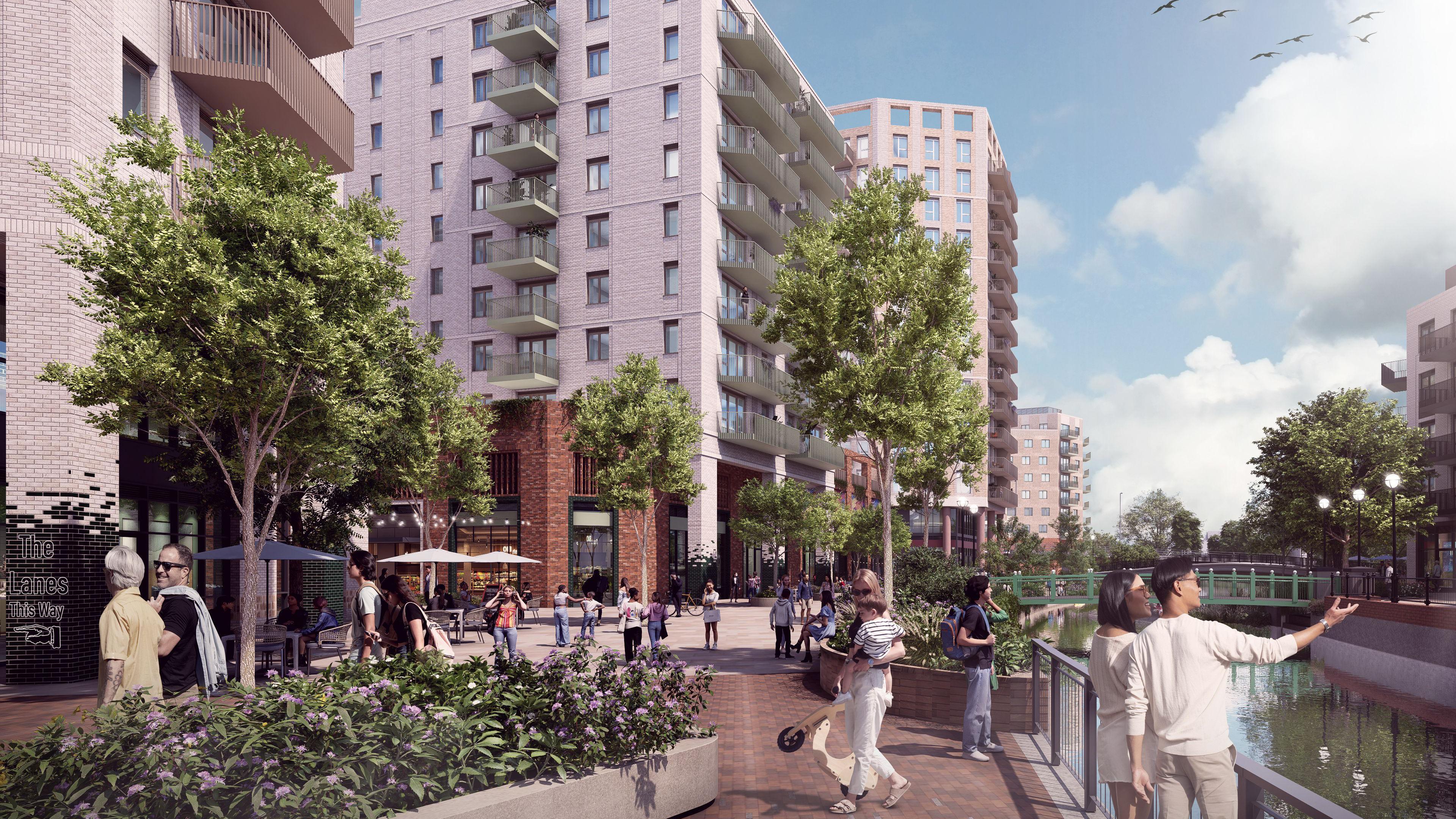 A graphic showing the scheme. People are next to a river and there are flats in the background