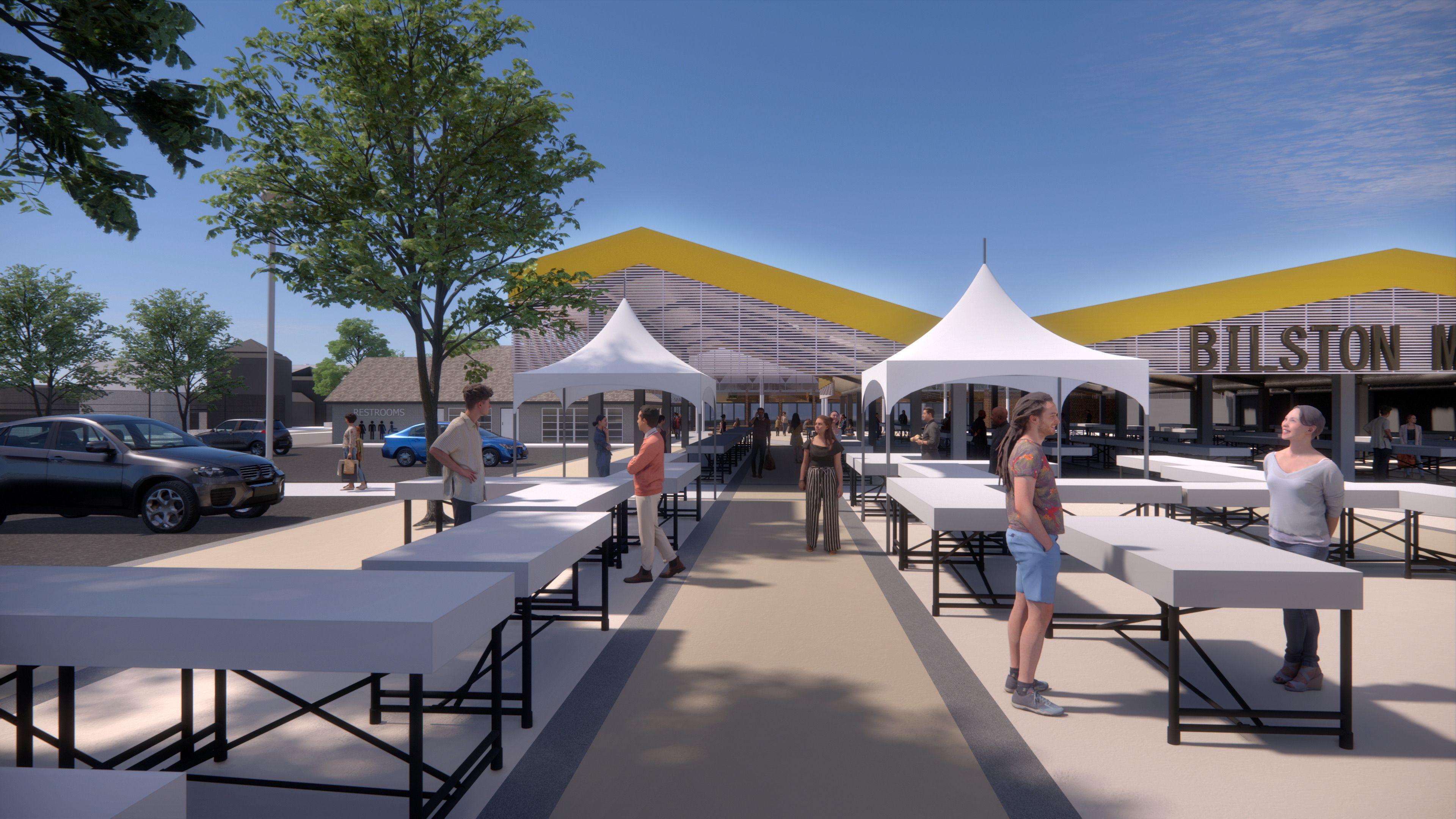 A computer-generated image of an outdoor market, showing white tables and canopies next to a large sign on a large market canopy that says BILSTON