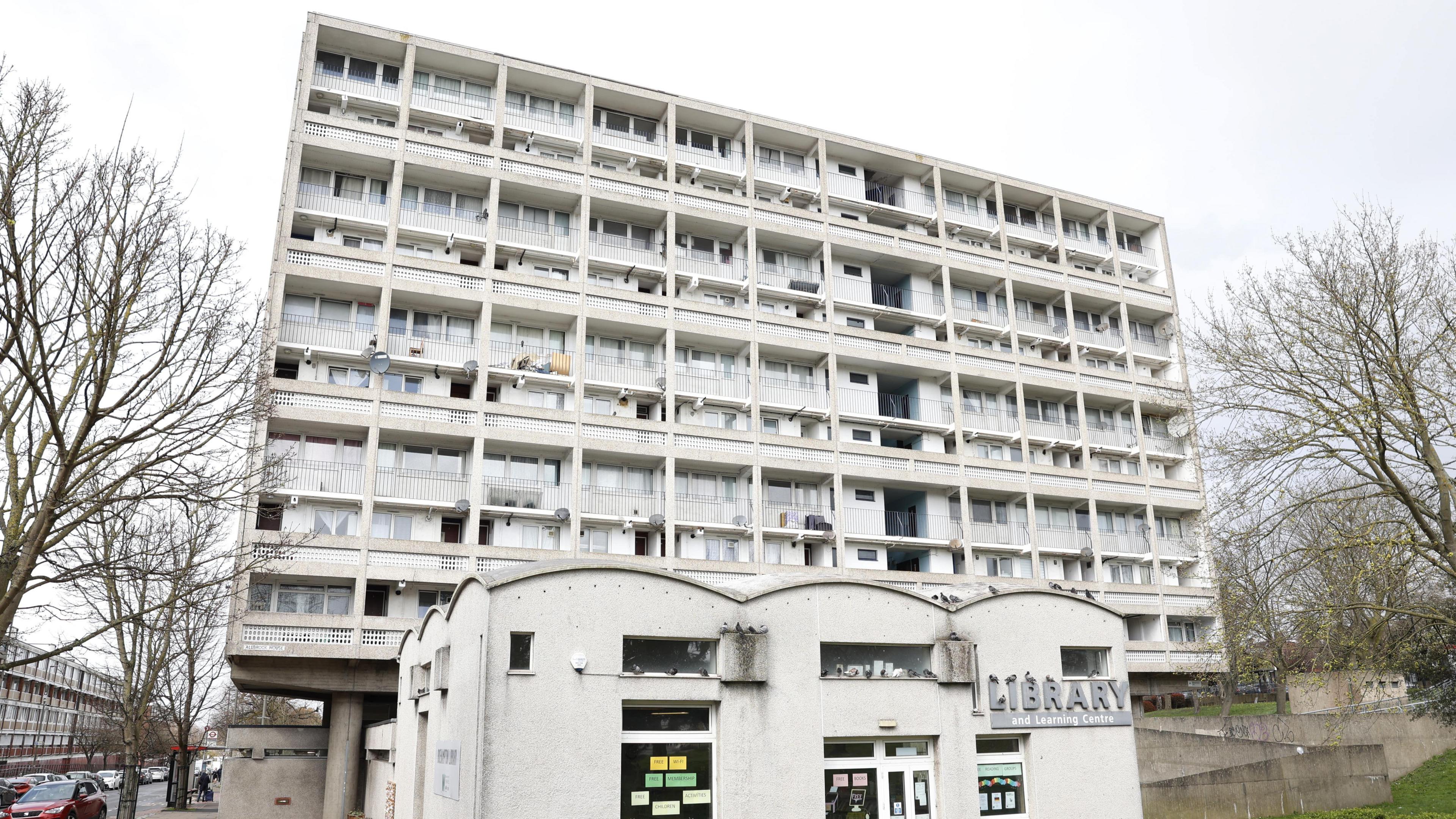 An exterior view of a block of flats on the estate.
