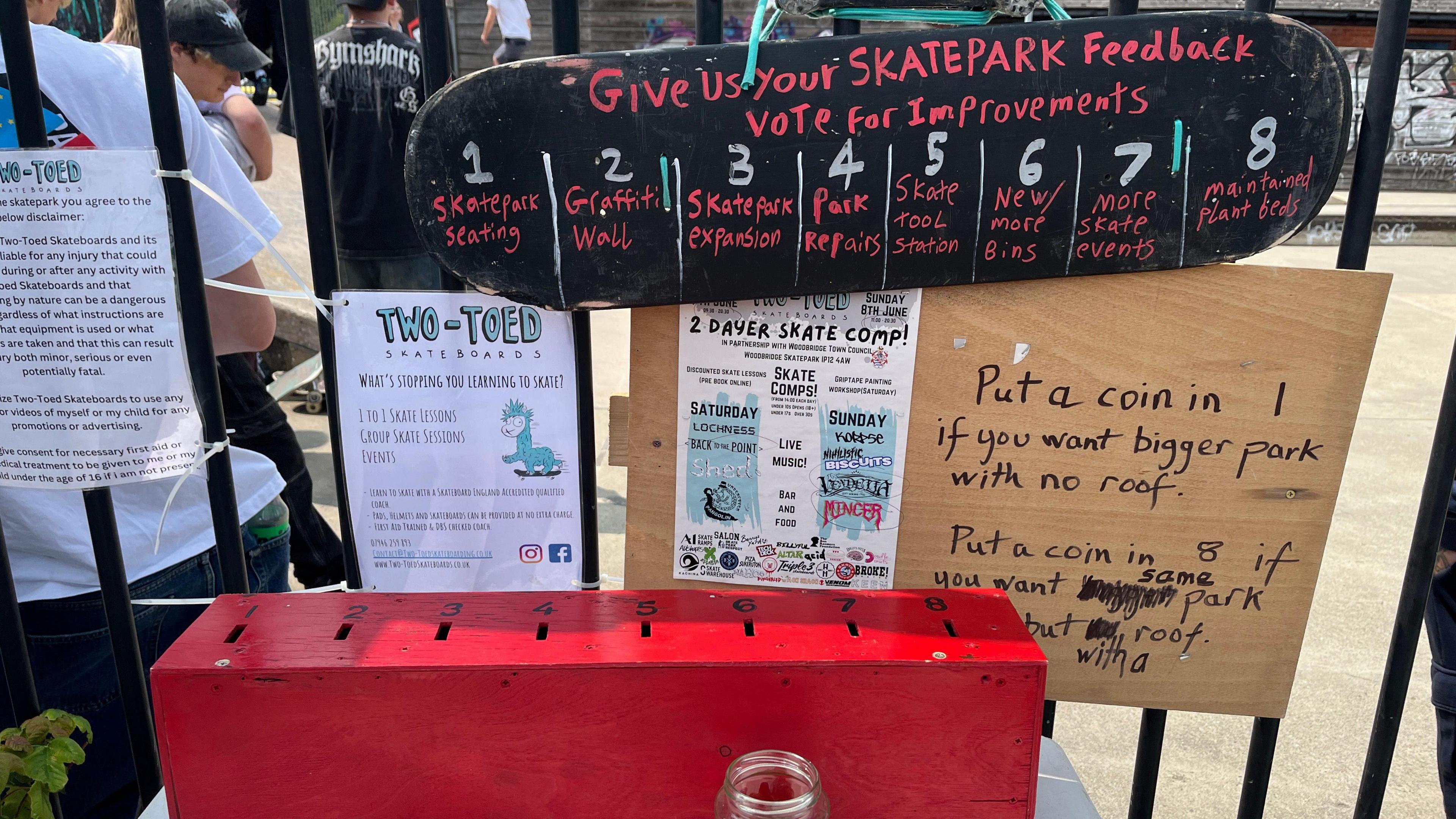 A skateboard has been used as a sign which says in red writing, 'Give us your SKATEPARK feedback vote for improvements' with eight options of things people have vote for. There is a red box beneath it where people can put a coin in the slot they choose to vote for. 