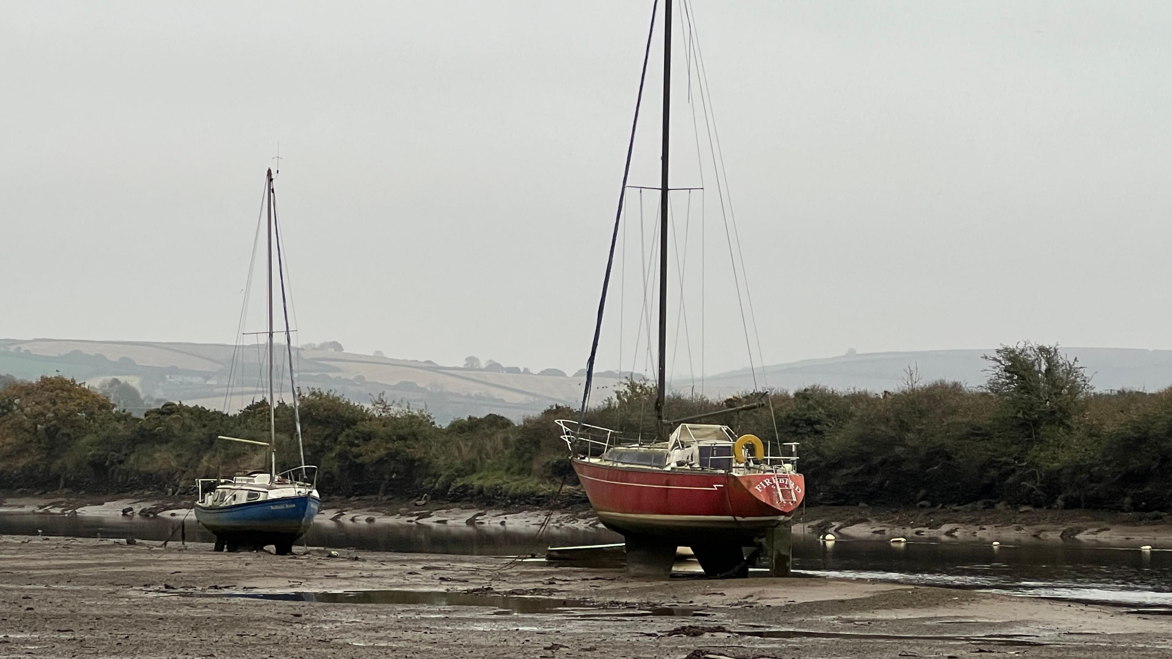 Two yachts one blue and one red on low tide on the mudflats of a river with a background of open countryside.