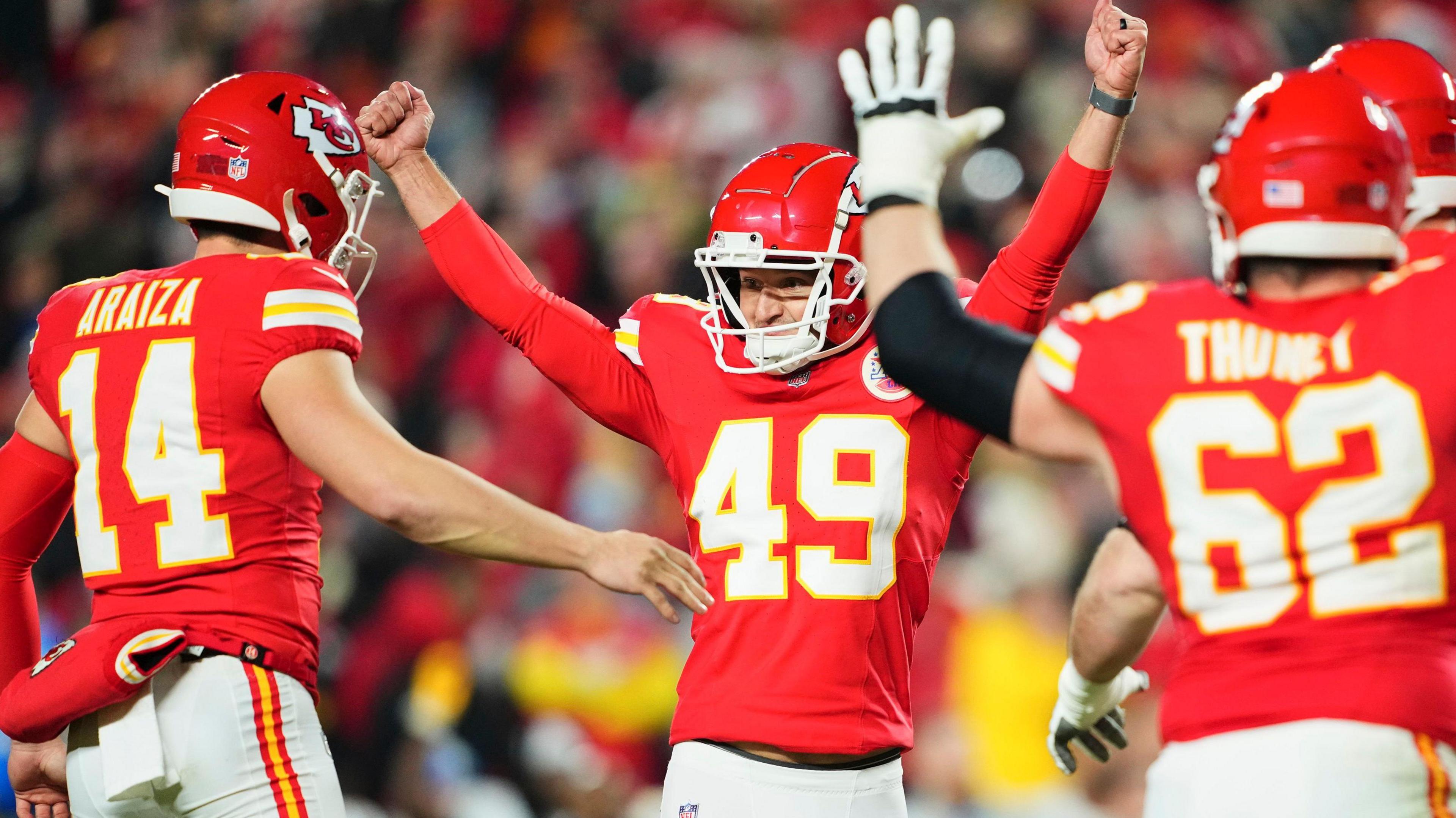 Matthew Wright celebrates his winning kick for the Kansas City Chiefs