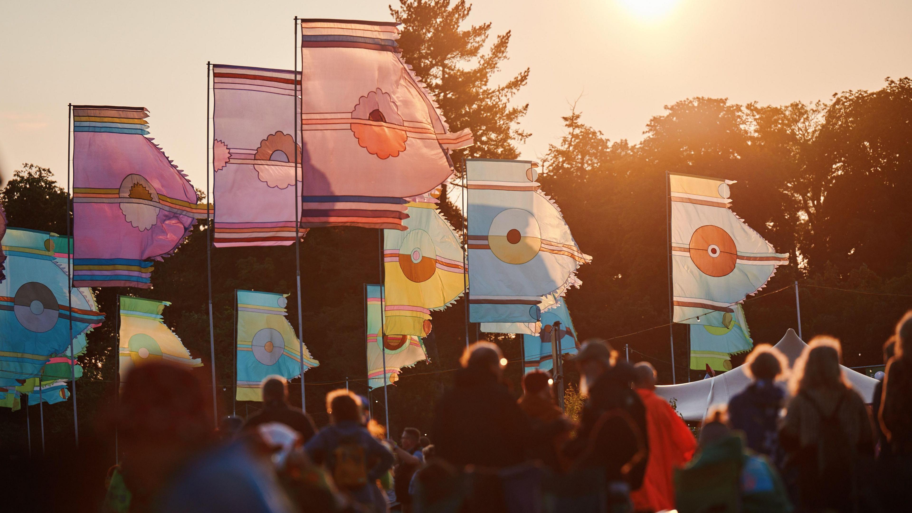 WOMAD Festival flags with festival goers in the foreground