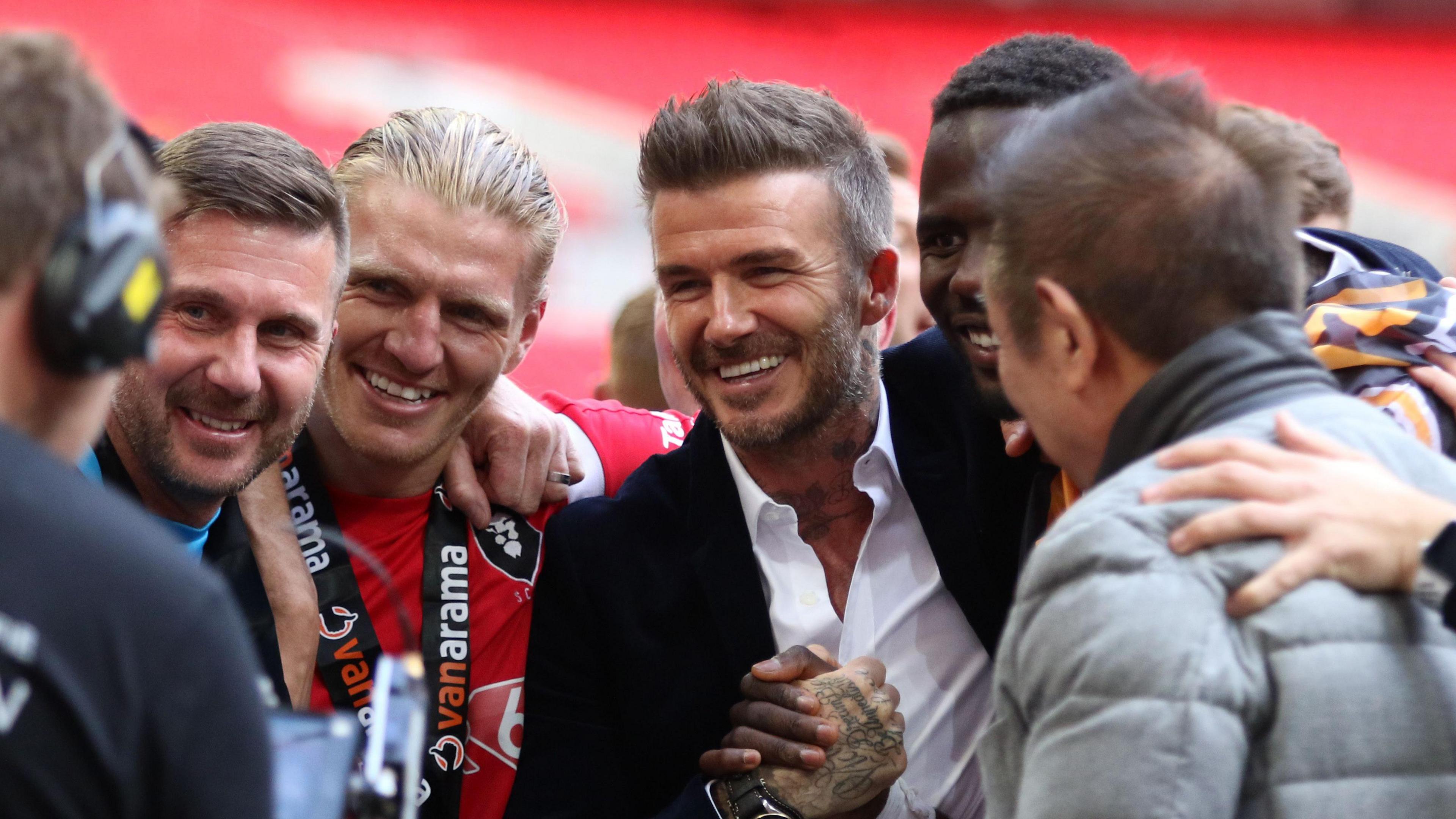 David Beckham celebrates Salford City's promotion in 2019