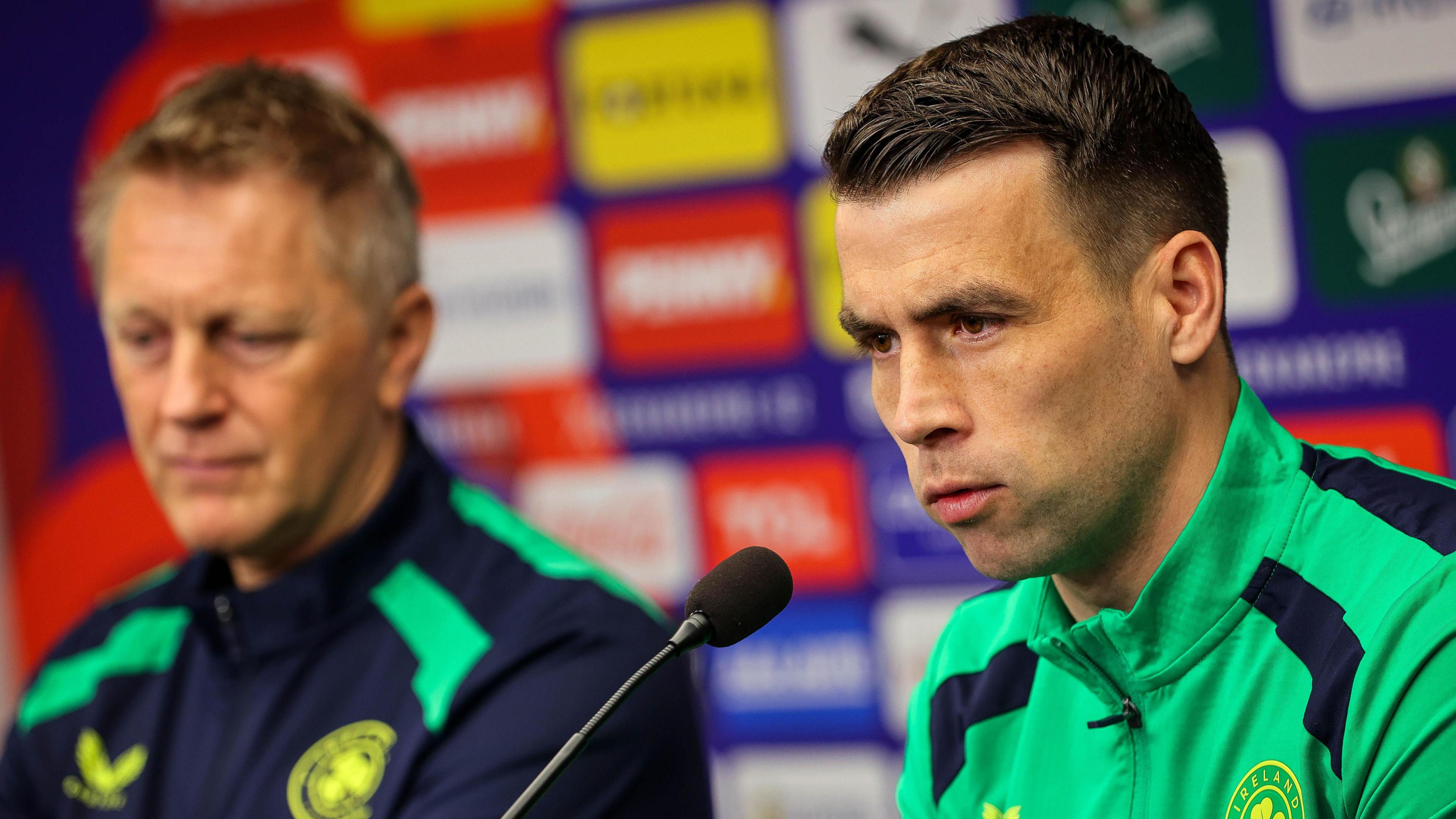 Seamus Coleman speaking to reporters on Wednesday