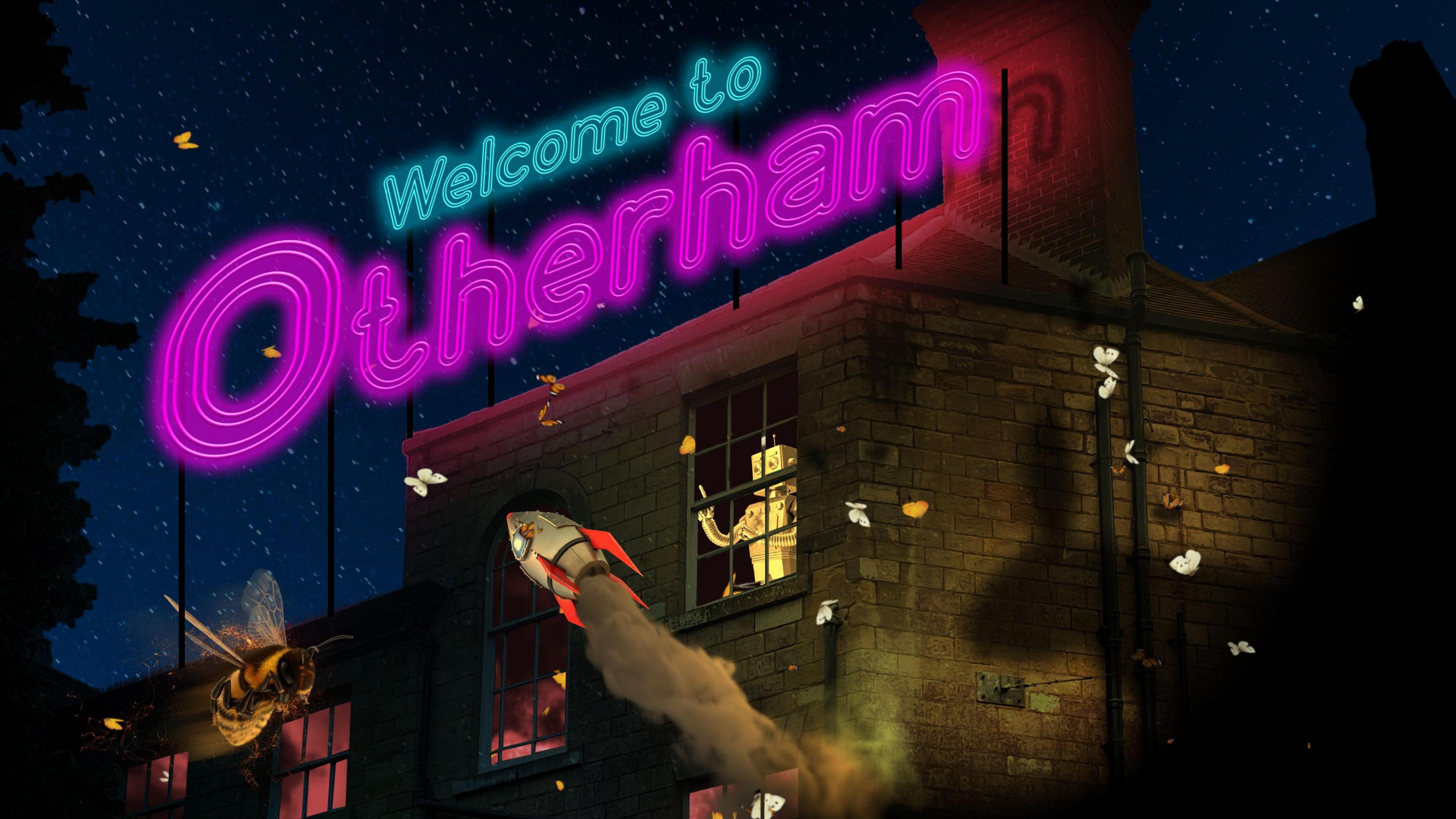 An image featuring a building with glowing, purple and blue letters that spell "Welcome to Otherham" above. A bee can be seen flying in the corner on the left, a rocket launched next to it. A robot stands in the window of the building, looking out.