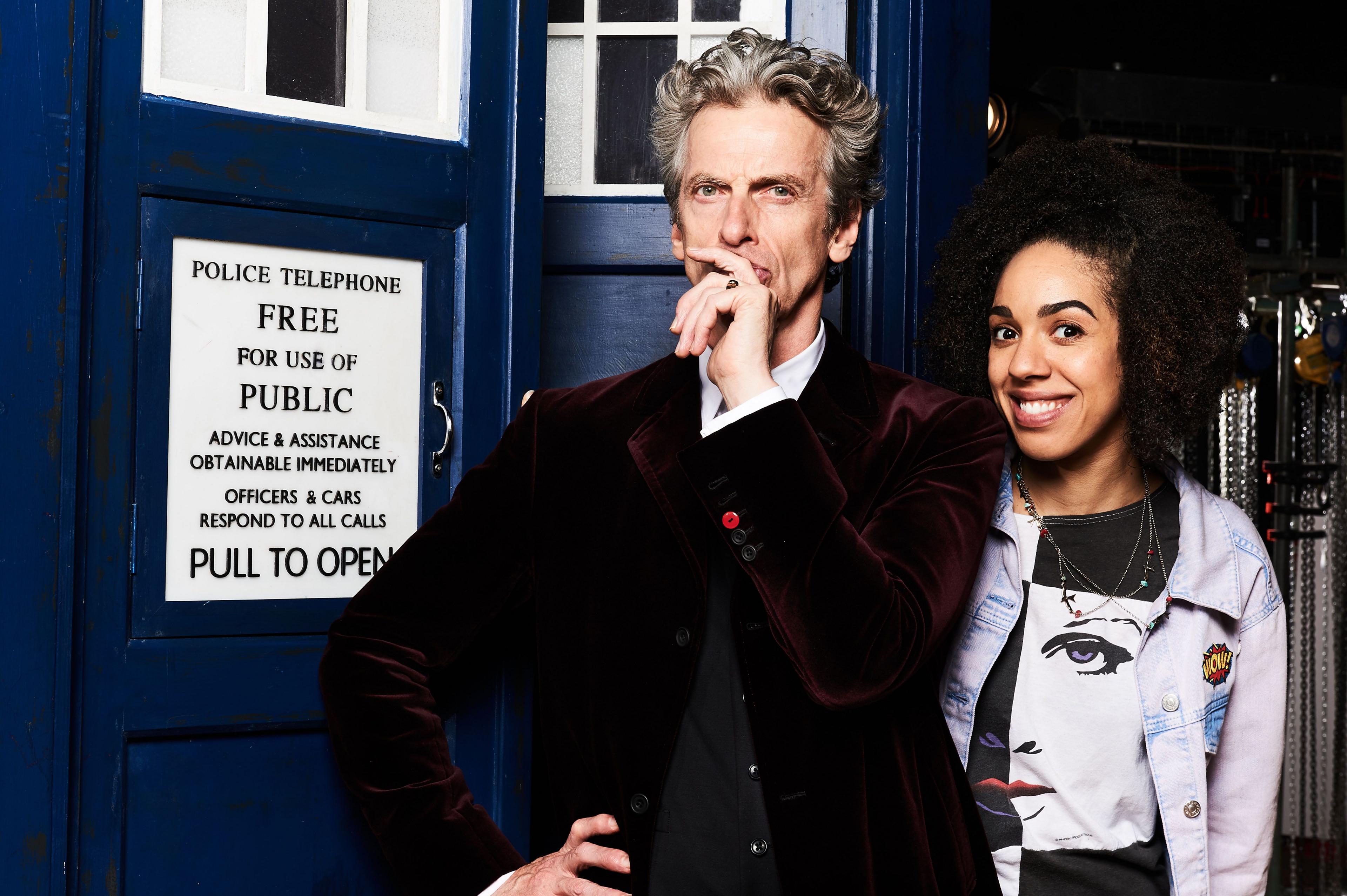 peter capaldi and pearl mackie outside the tardis in doctor who