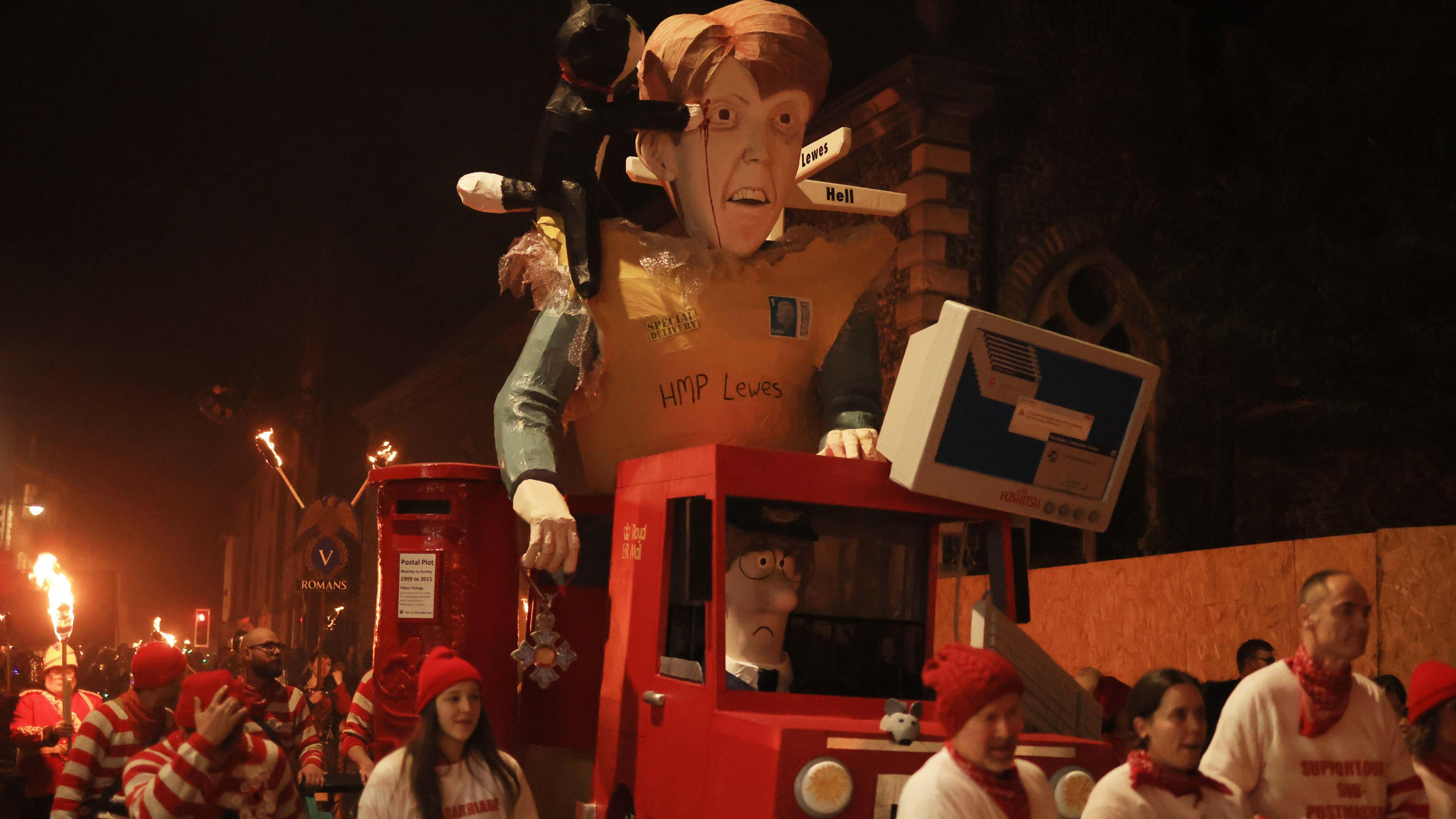 An effigy of Paula Vennells, former CEO of the Post Office, at Lewes Bonfire