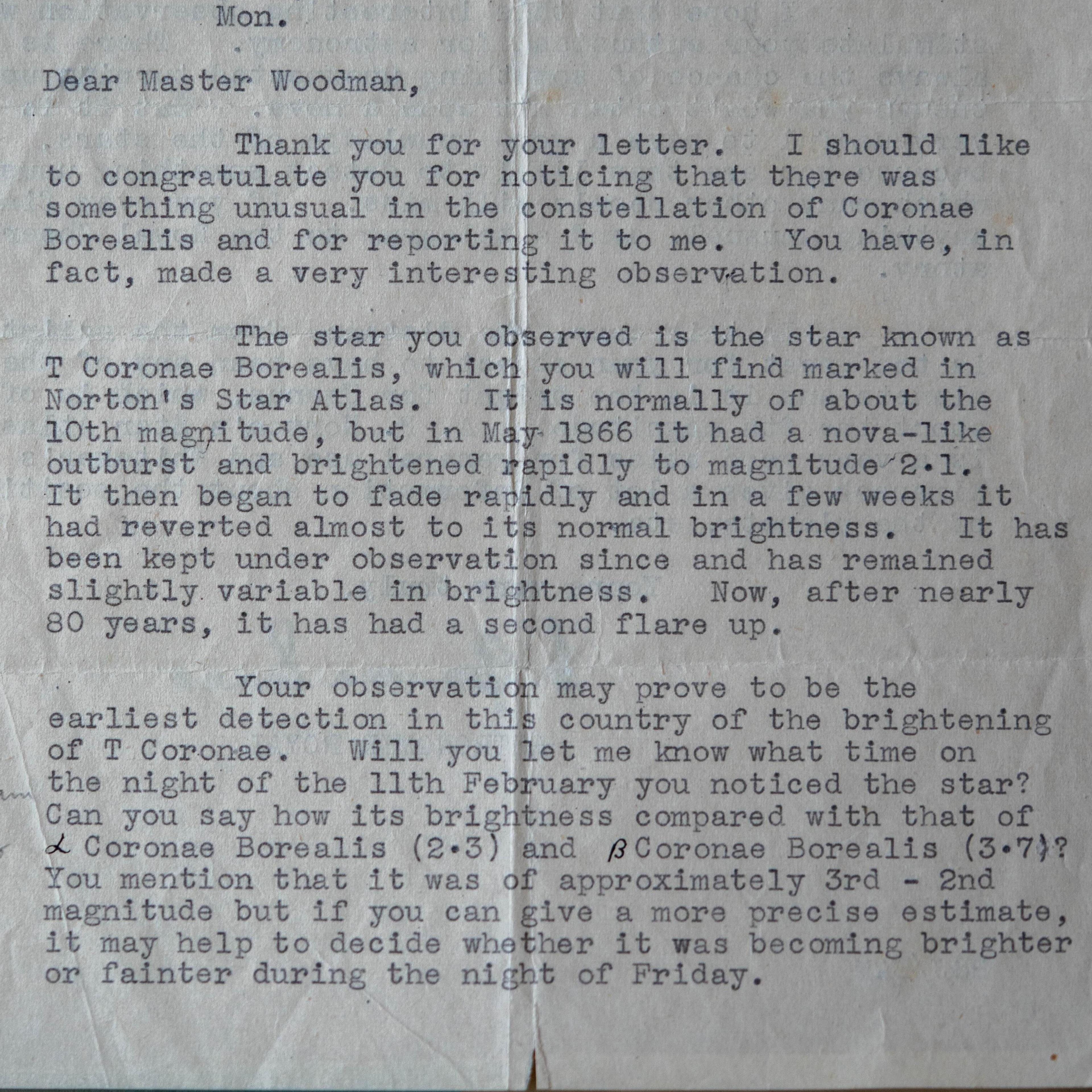 Letter from Astronomer Royal to Michael Woodman written in 1946 confirming Mr Woodman was the first person in the UK to have spotted T Cor Bor 