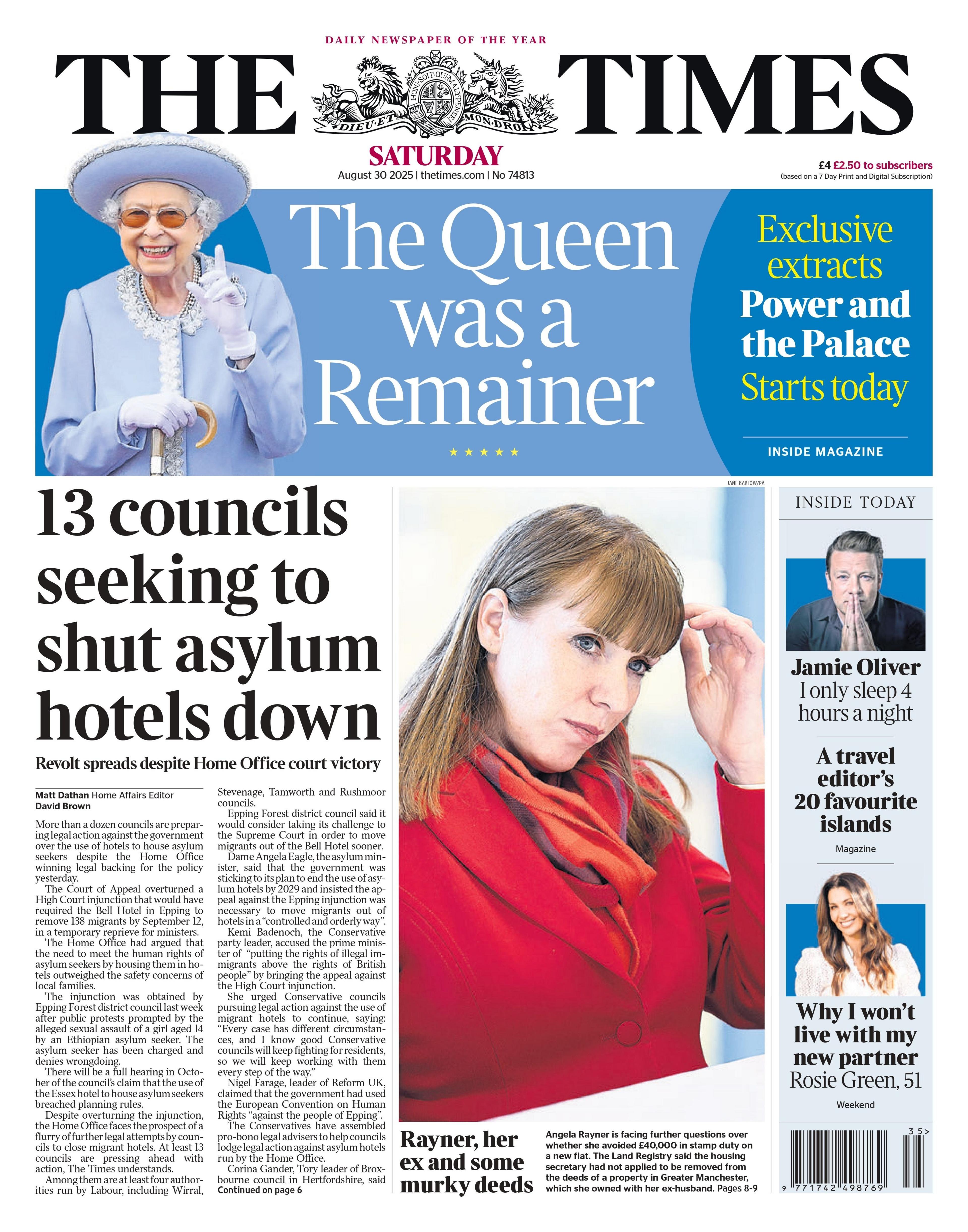 The headline on the front page of the Times reads: "13 councils seeking to shut asylum hotels down".