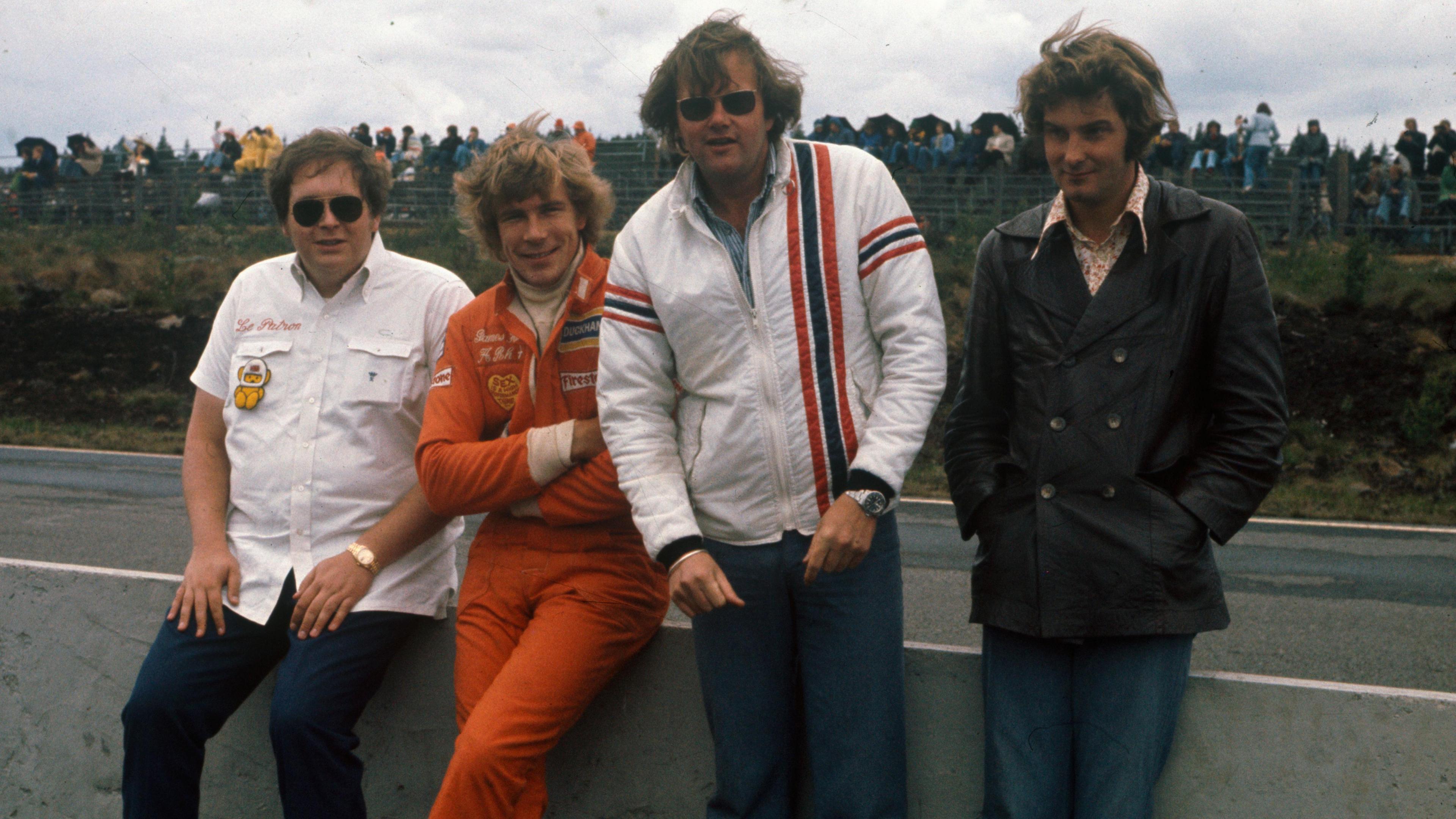 James Hunt stood with the key figures in the Hesketh team: From the left, Lord Hesketh, team manager Anthony 'Bubbles' Horsley and designer Harvey Postlethwaite