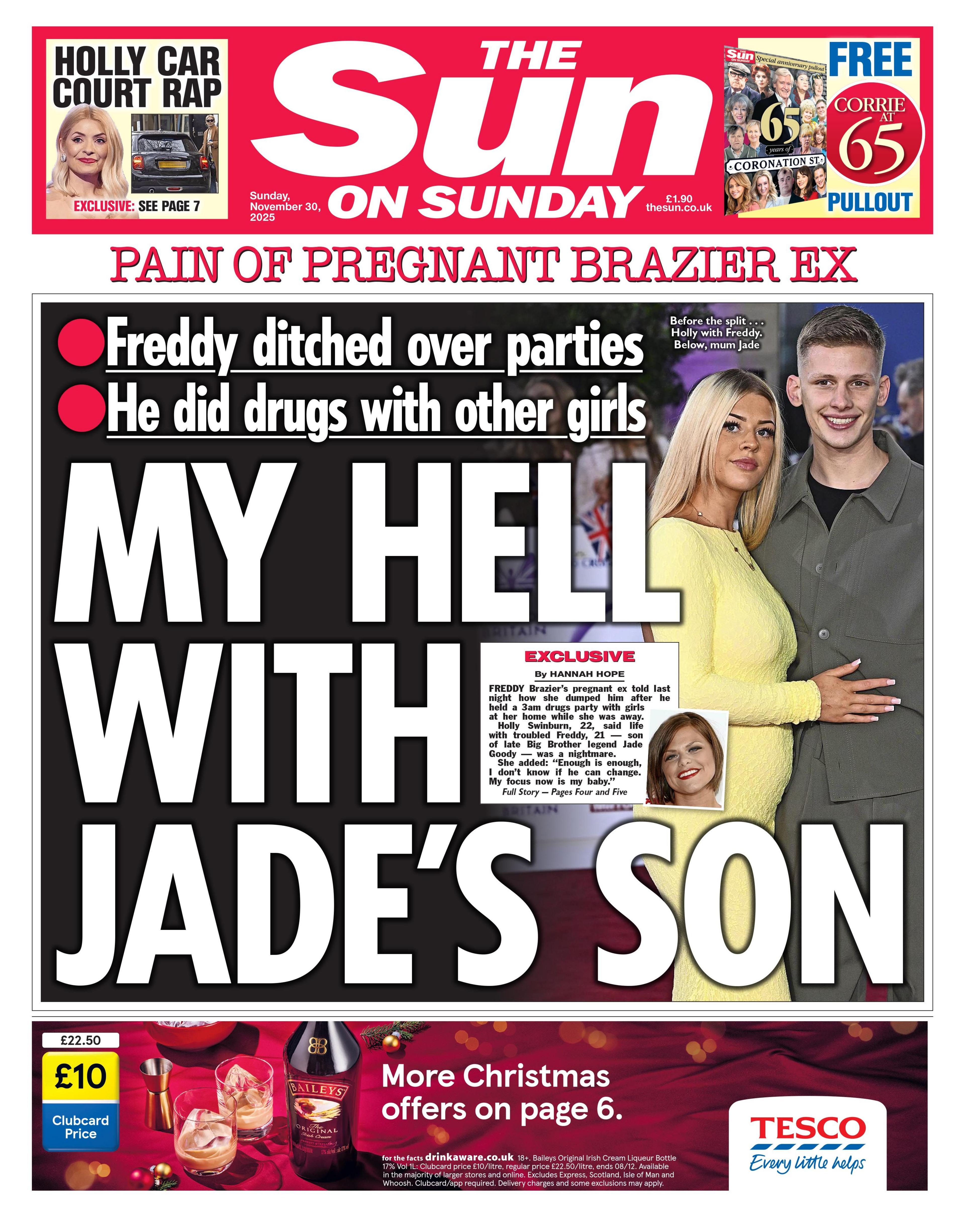 The headline on the front page of the Sun reads: "My hell with Jade's son".