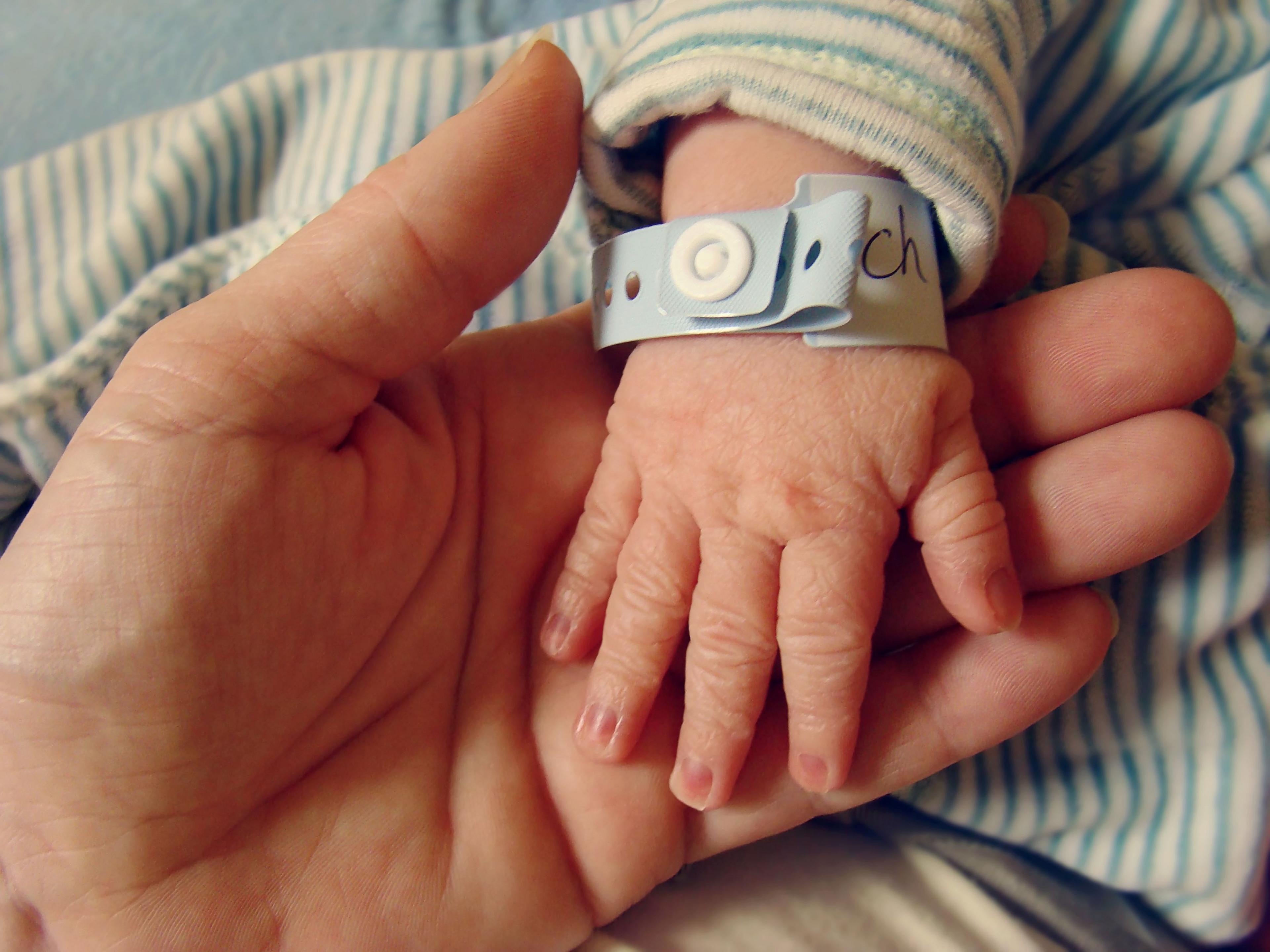 Newborn baby's hand, with a hospital identification wristband round it, being held by their mother