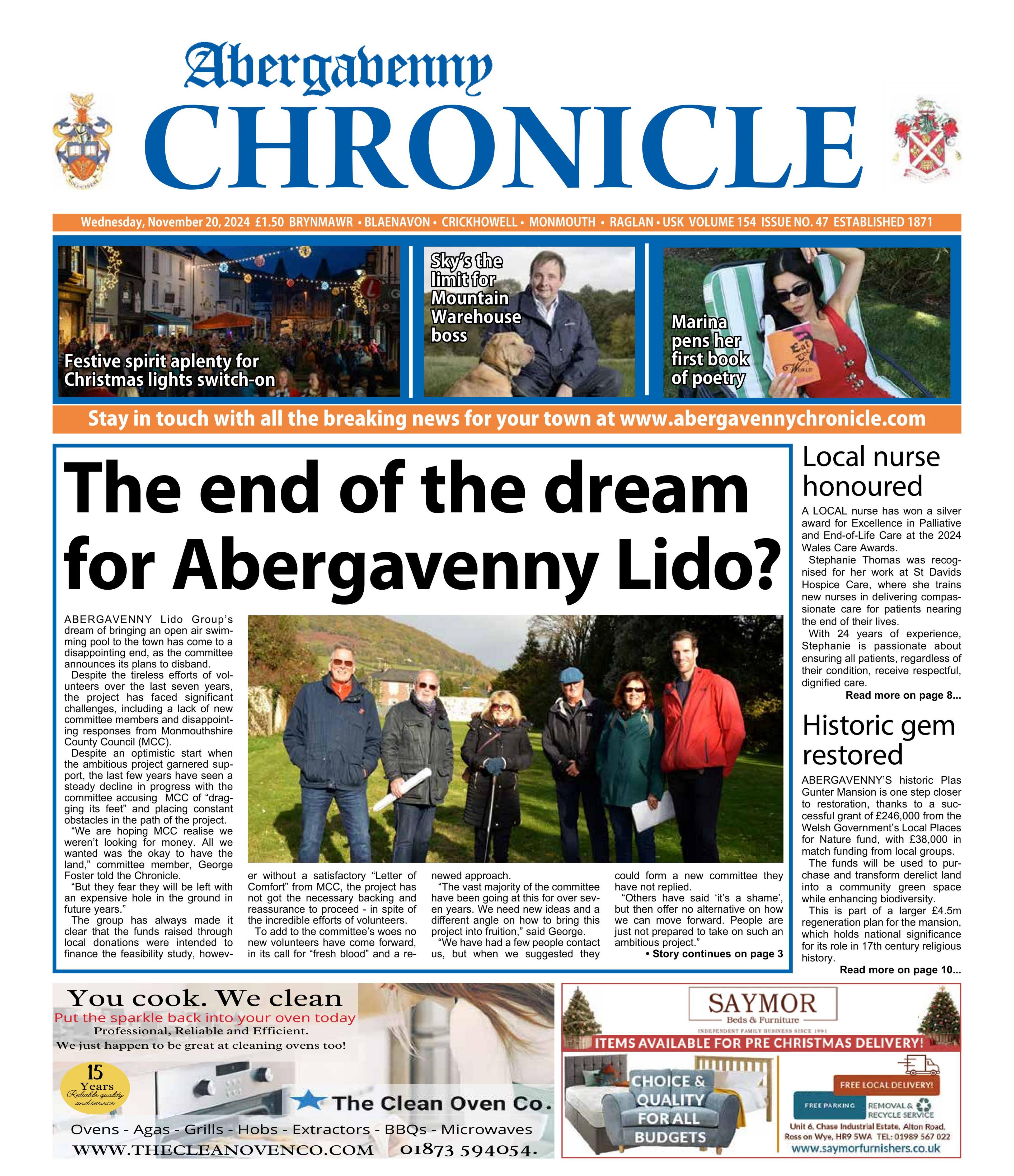 Front page of the Abergavenny Chronicle