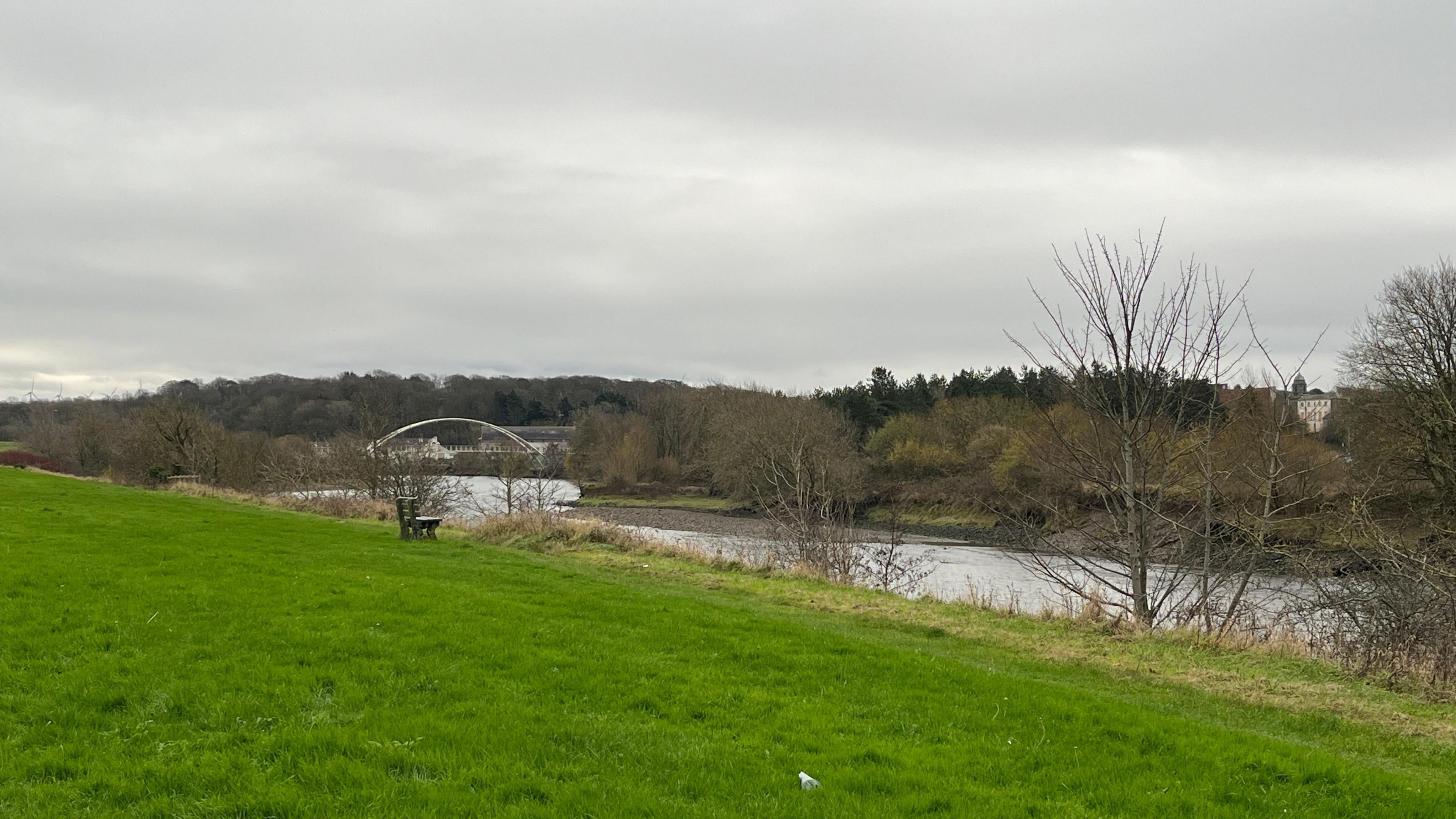 A stretch of grass, with a bench overlooking a river. Trees line the side of the river in the distance. It is a cloudy day.