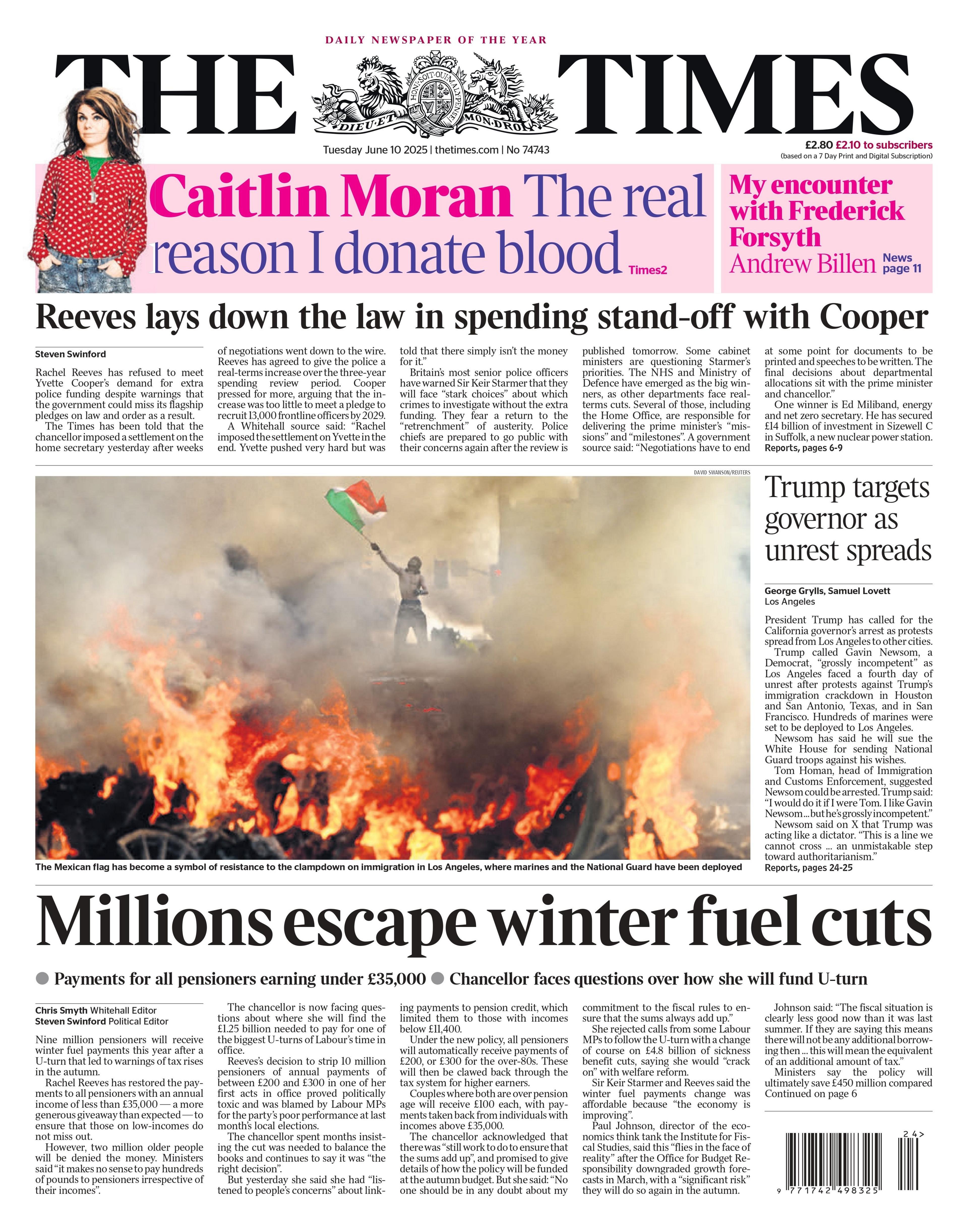 The headline of The Times reads: "Millions escape winter fuel cuts".