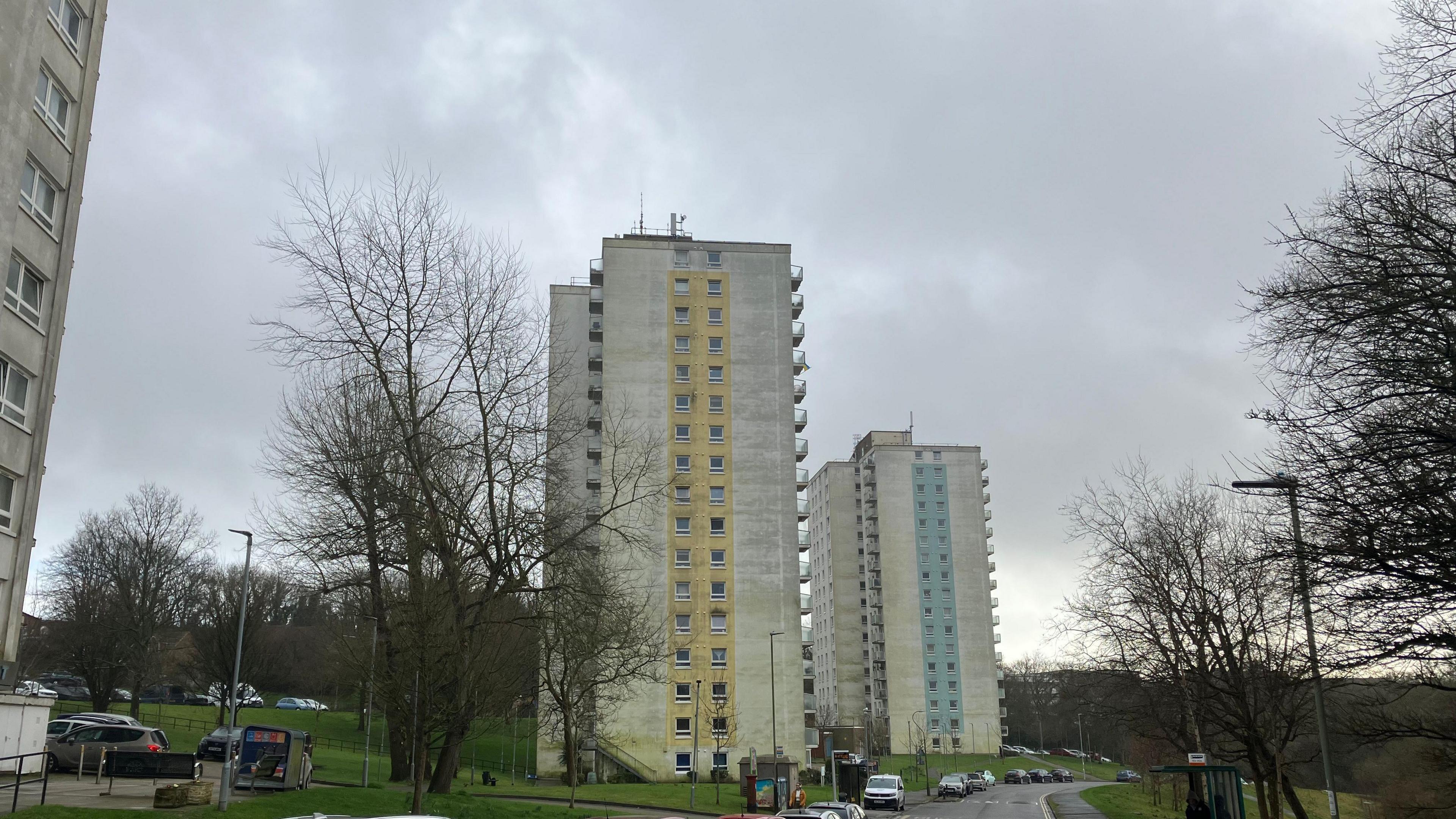 Two tower blocks are seen next to a road and with cars parked alongside. The towers are around 17 storeys high and has blue and yellow cladding around teh windows running up the middle of them.