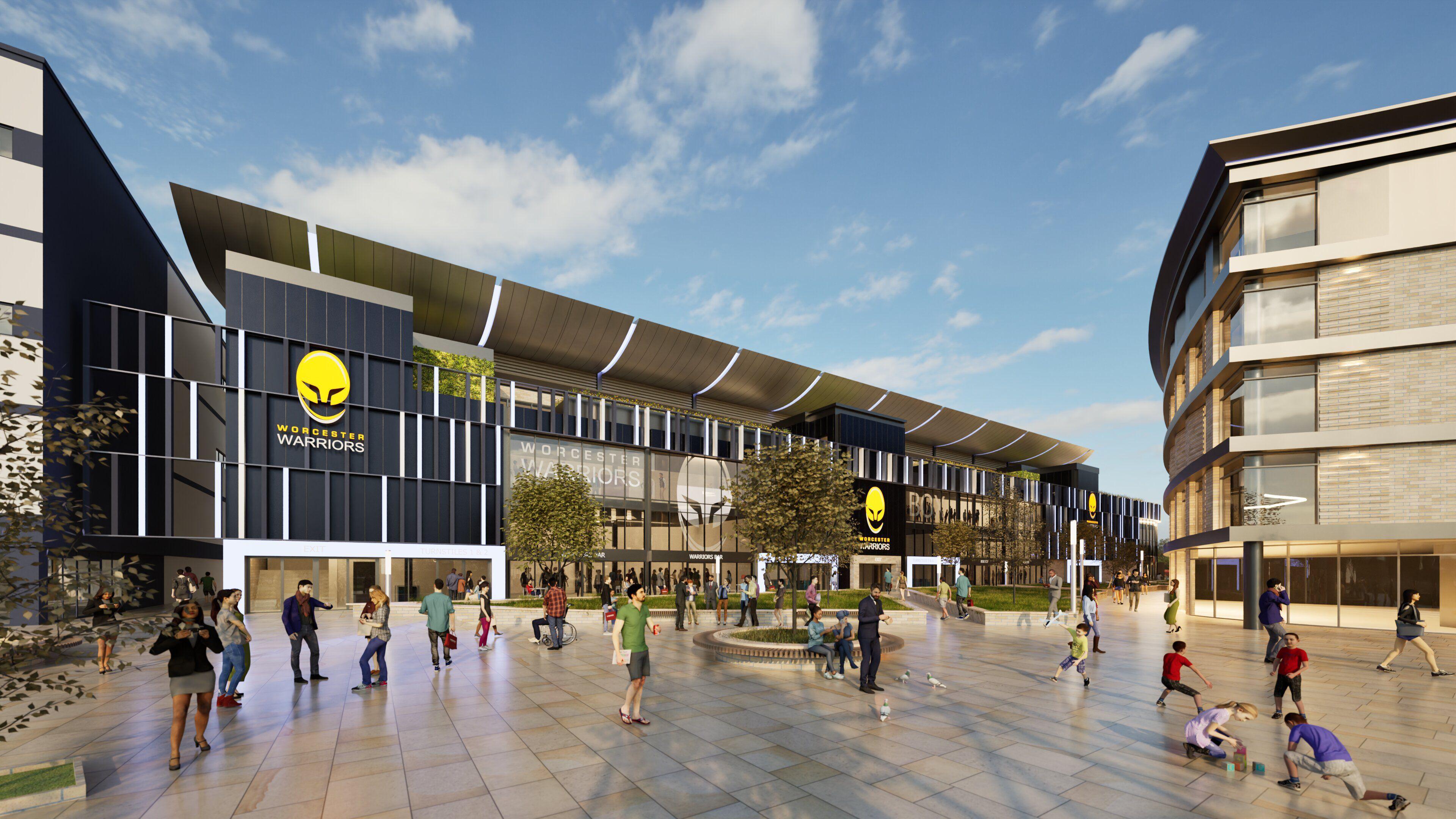 An artist's impression showing Sixways from a square in front of the stadium with people walking and talking. In the foreground two children are playing.