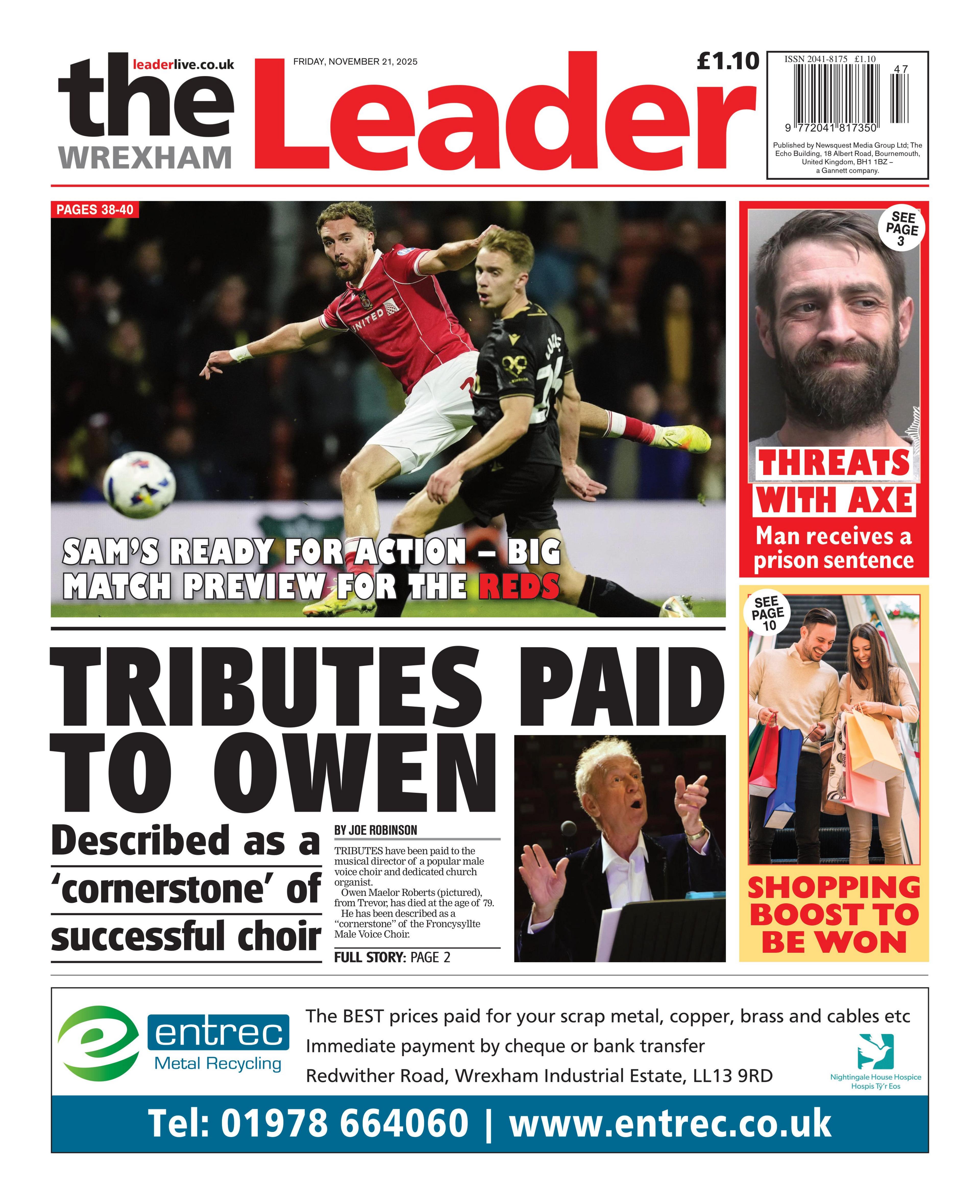 Front page of The Wrexham Leader. At the top of the page there is a Wrexham football player playing football. Below is reads 'Sam's ready for action - big match preview for the reds'. Blow in large bold writing it reads 'tributes paid to Owen'. In smaller bold text it reads 'described as a 'conerstone' of successful choir'. 