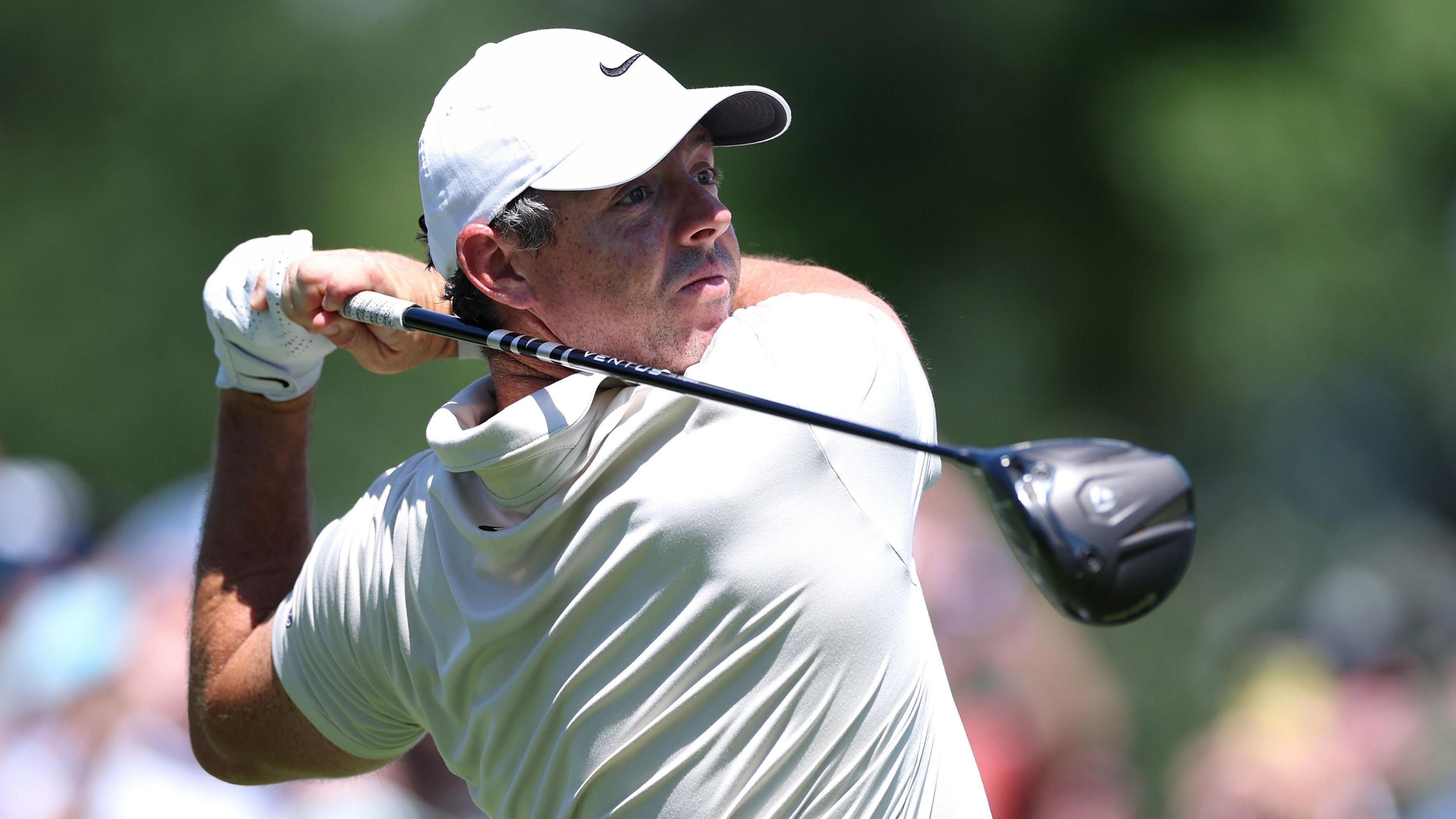 Rory McIlroy at the end of his swing
