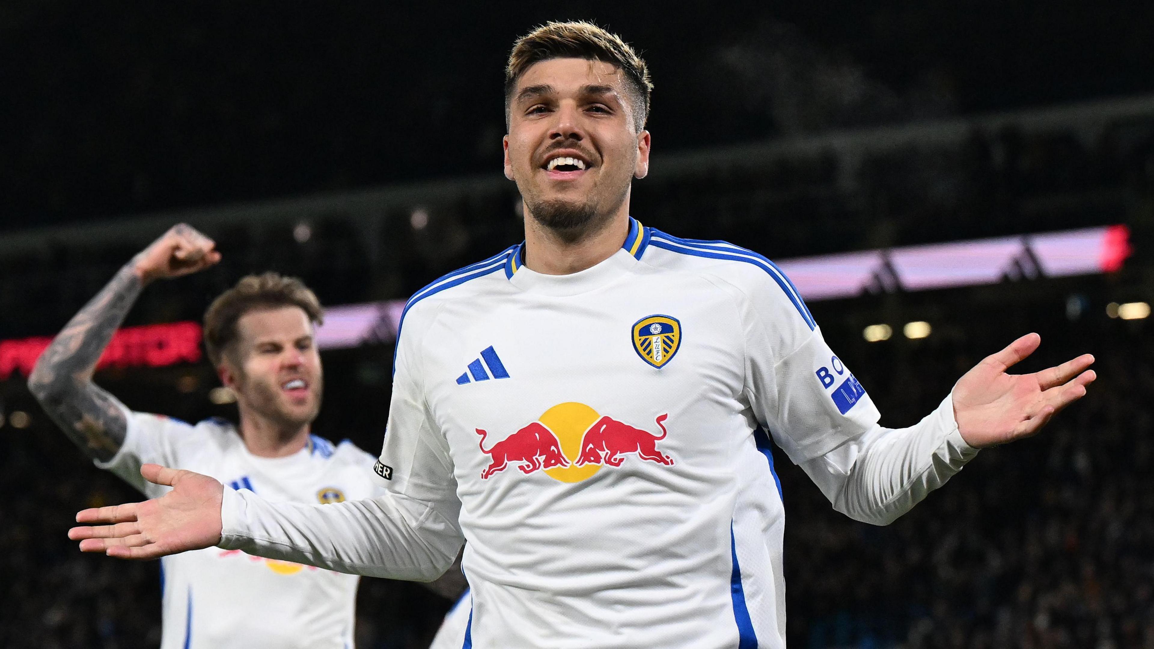 Joel Piroe celebrates a goal for Leeds against Luton