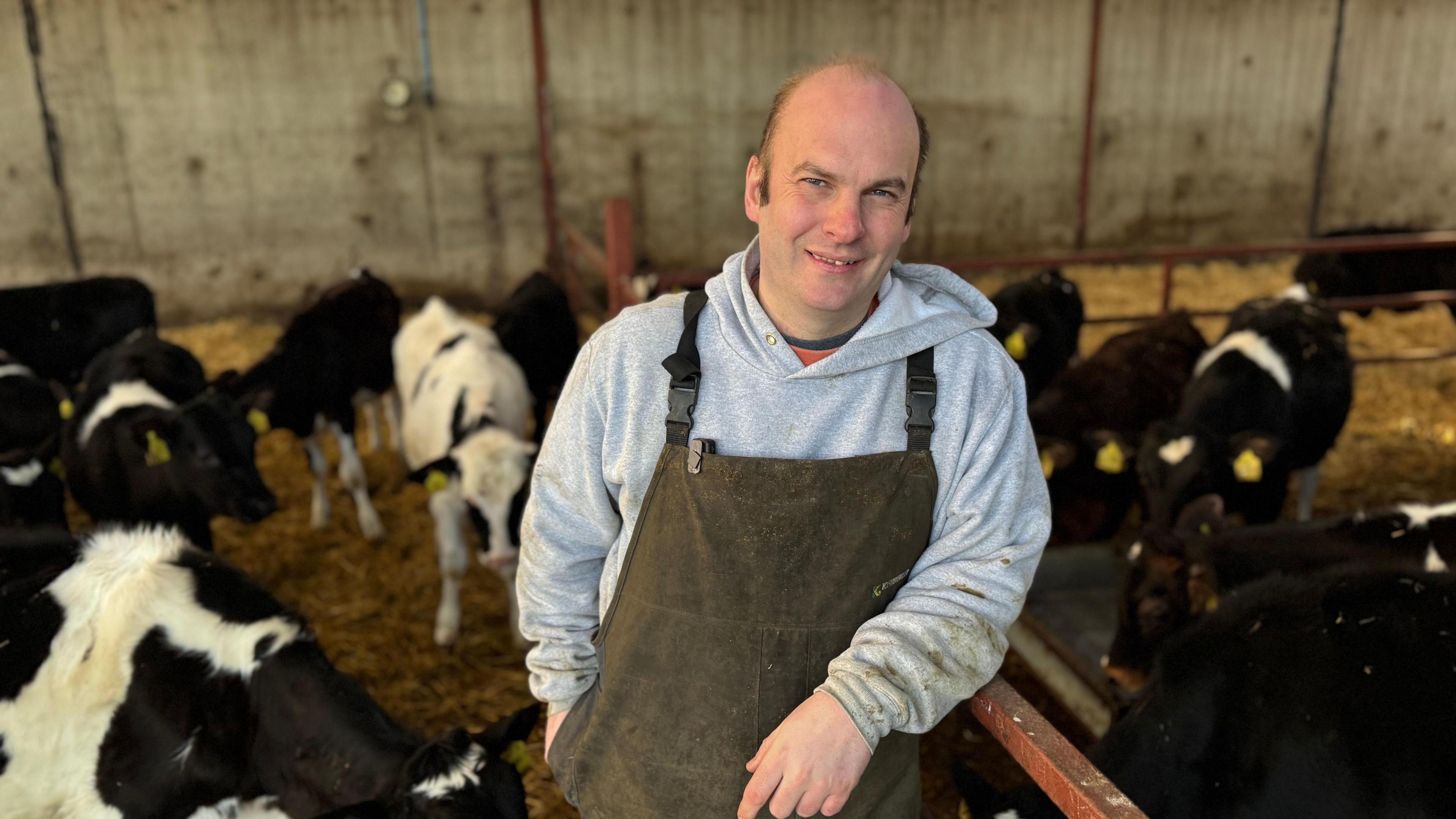 A man in a grey hoodie and brown dungarees looks at the camera inside his barn. Out-of-focus, behind him, are 12 black and white cows eating light brown hay. The man is partially bald with short hair on the side of his head. 