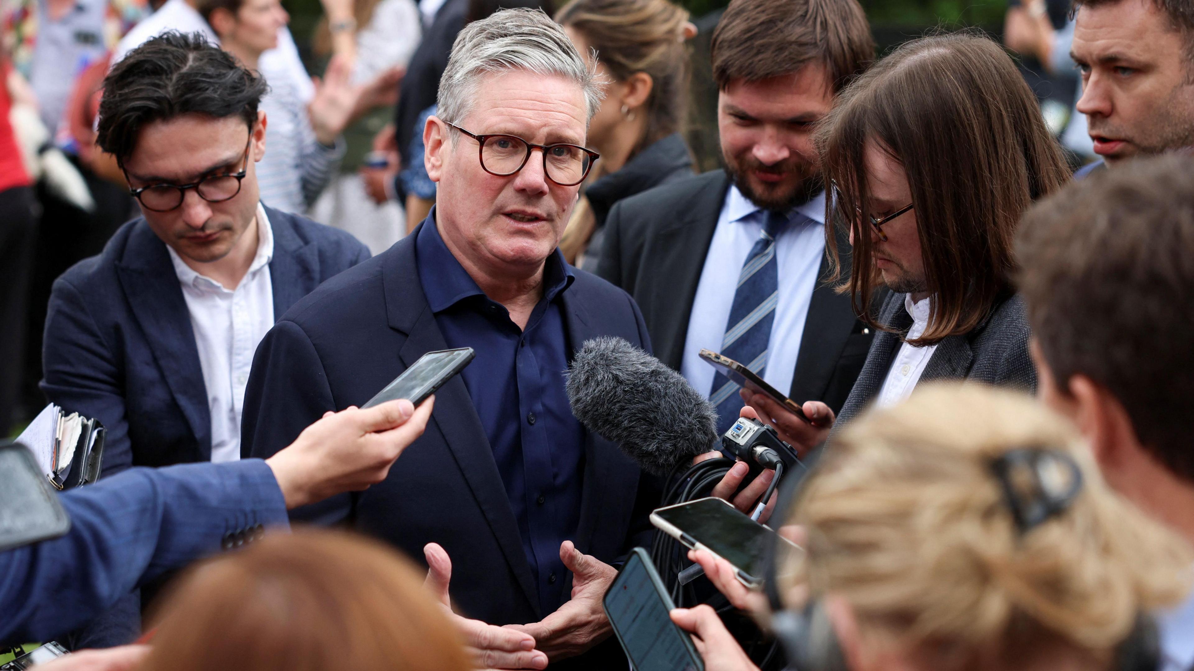 Sir Keir Starmer speaking to journalists on a campaign visit in Little Horwood, Buckinghamshire