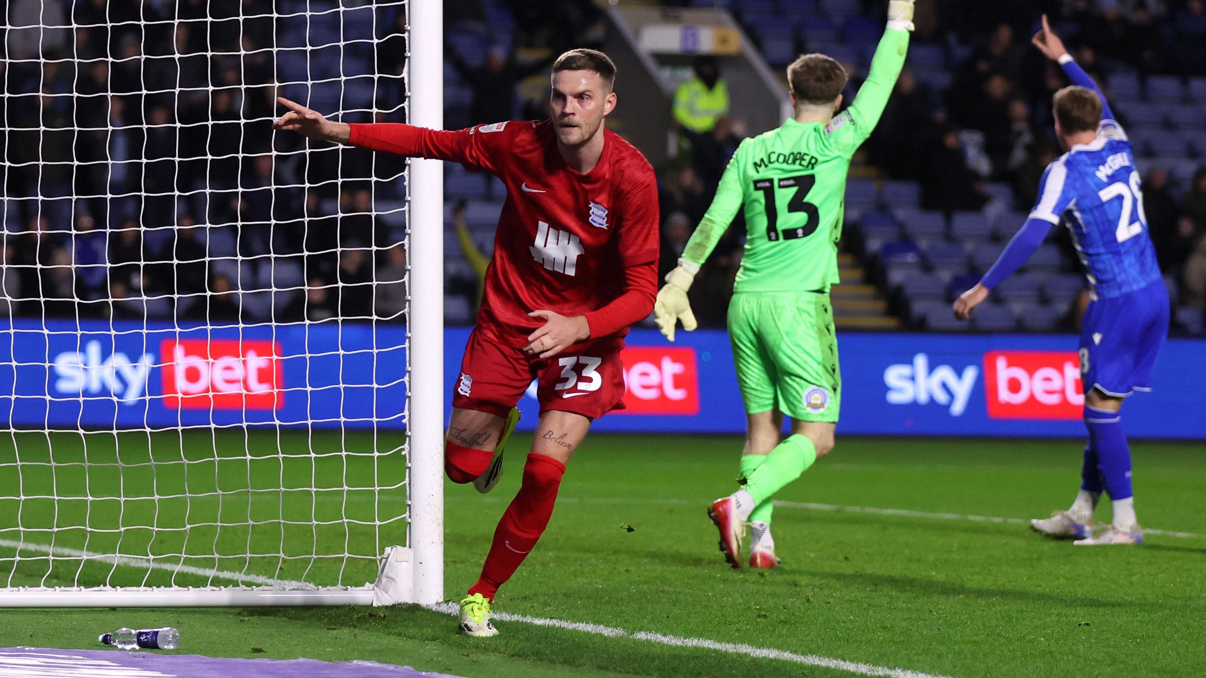 Marvin Ducksch celebrating his goal against Sheffield Wednesday in Birmingham City's red away kit