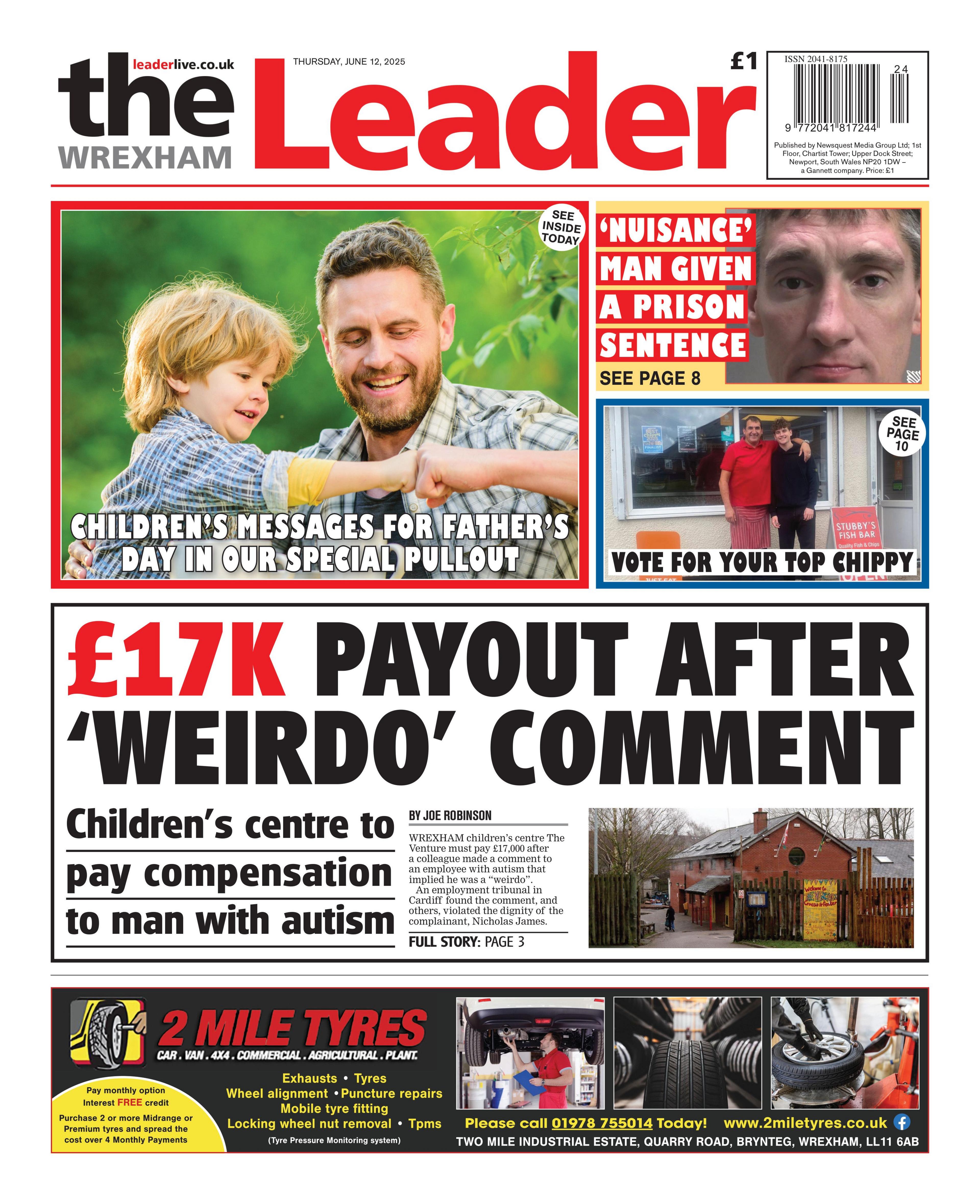 The Wrexham Leader front page with a main headline reading "£17k payout after 'weirdo' comment