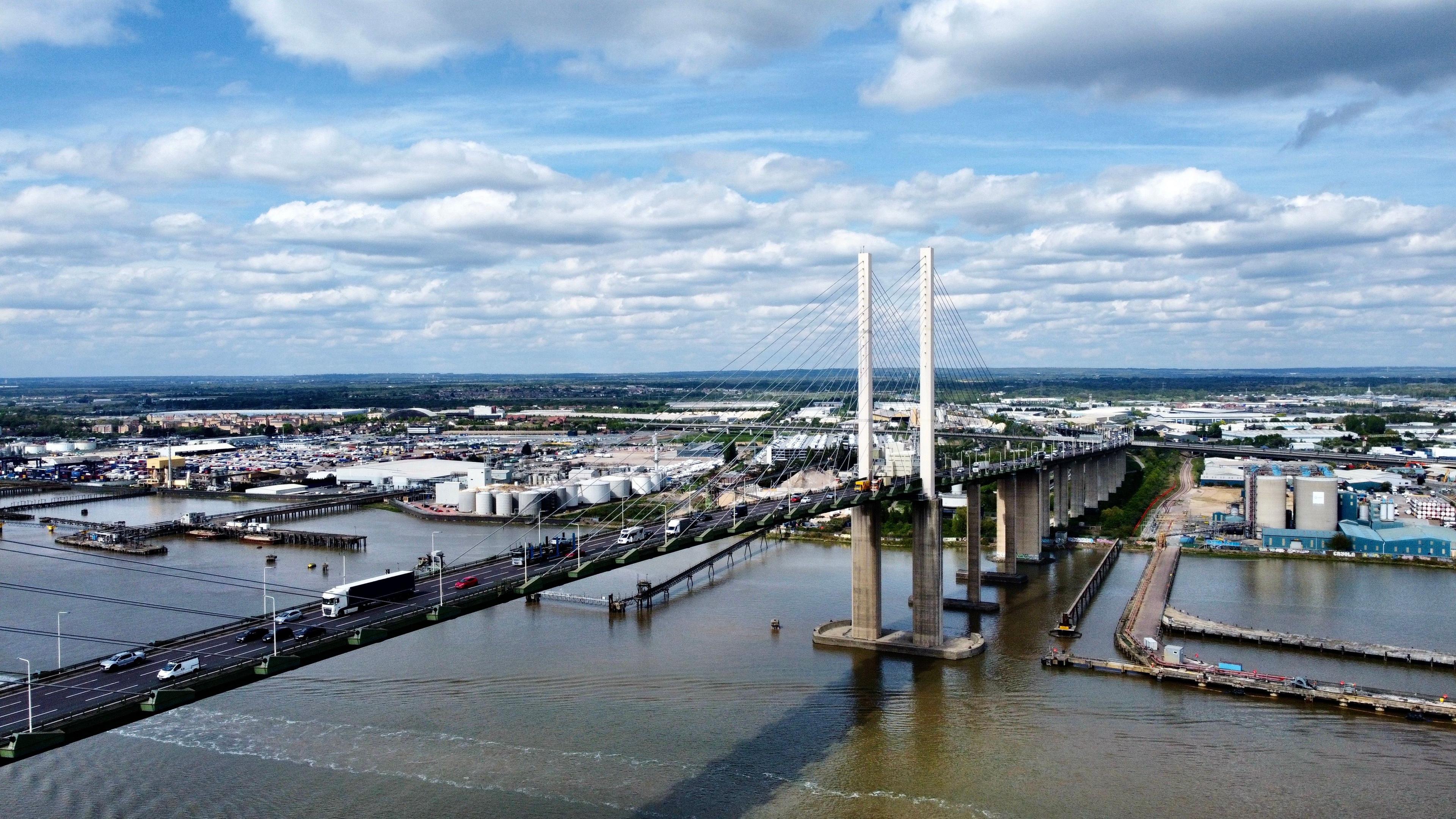 Ariel view of Queen Elizabeth II Bridge from Essex side looking over to Dartford