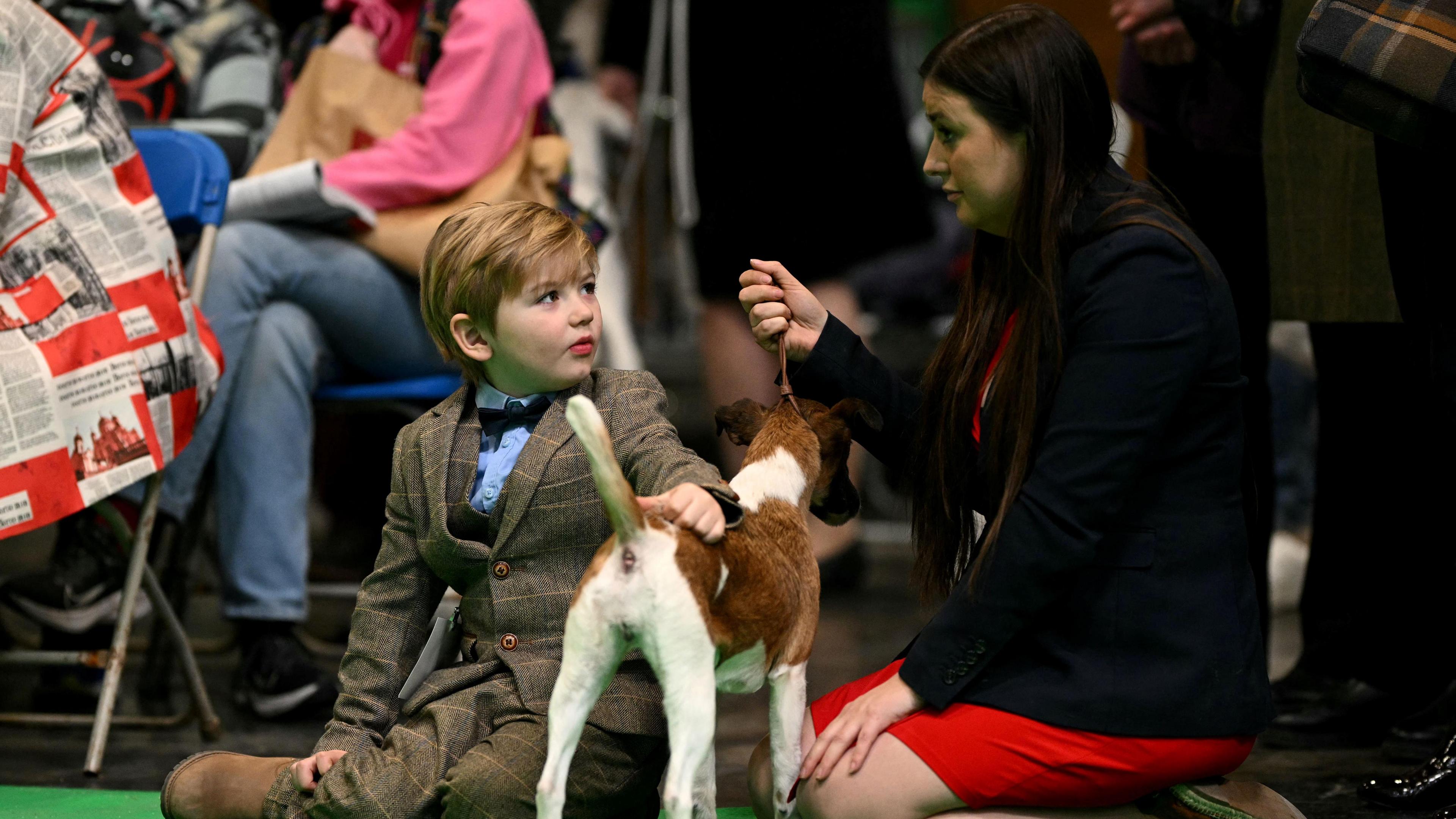 A young boy in a tweed suit sitting on the floor with his mum who is wearing a red dress and black blazer. A small, white and brown dog is stood between the pair. They are sitting on a green carpet.