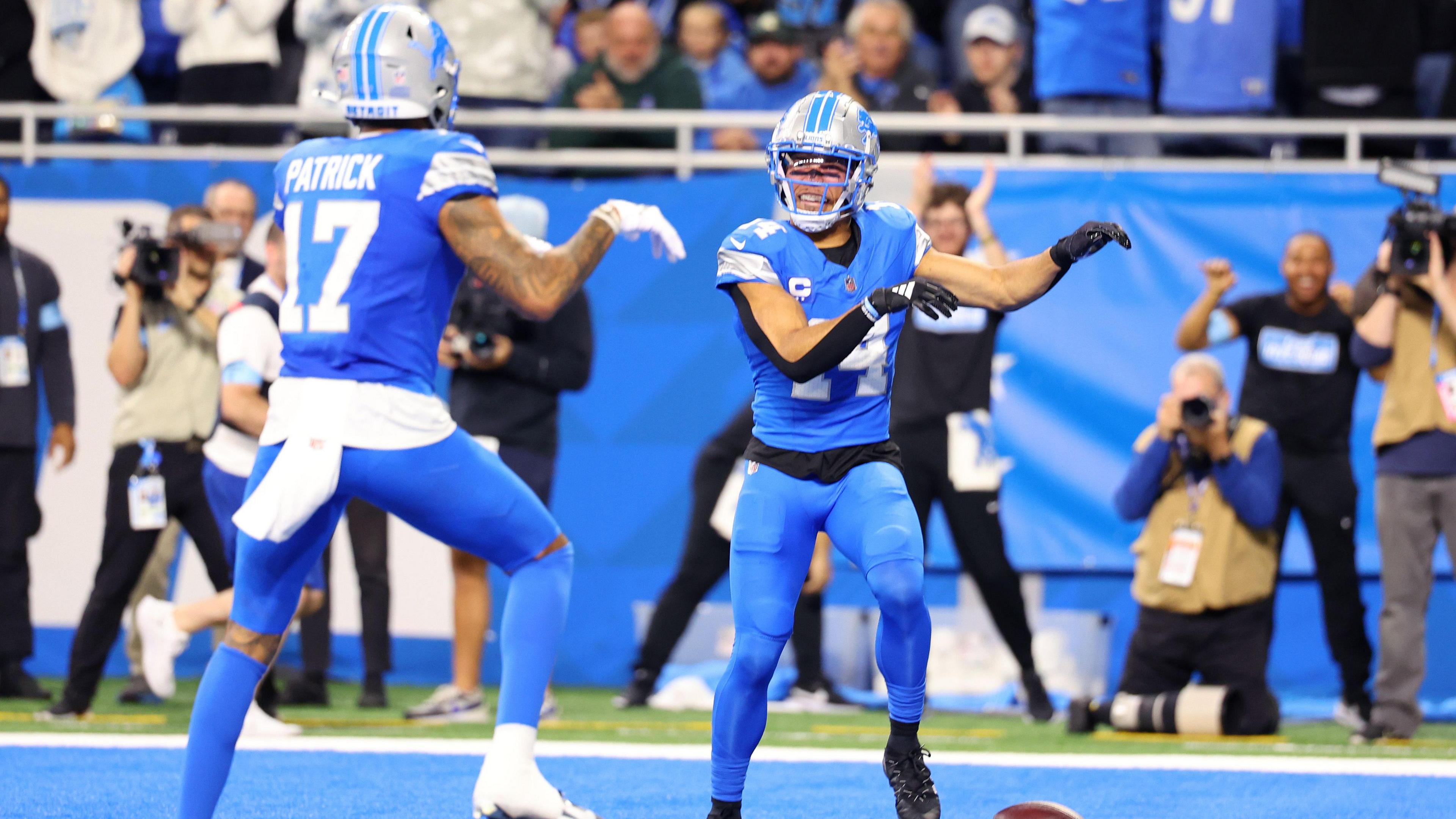 Detroit's Amon-Ra St Brown does the thriller dance after scoring for the Lions against Tennessee