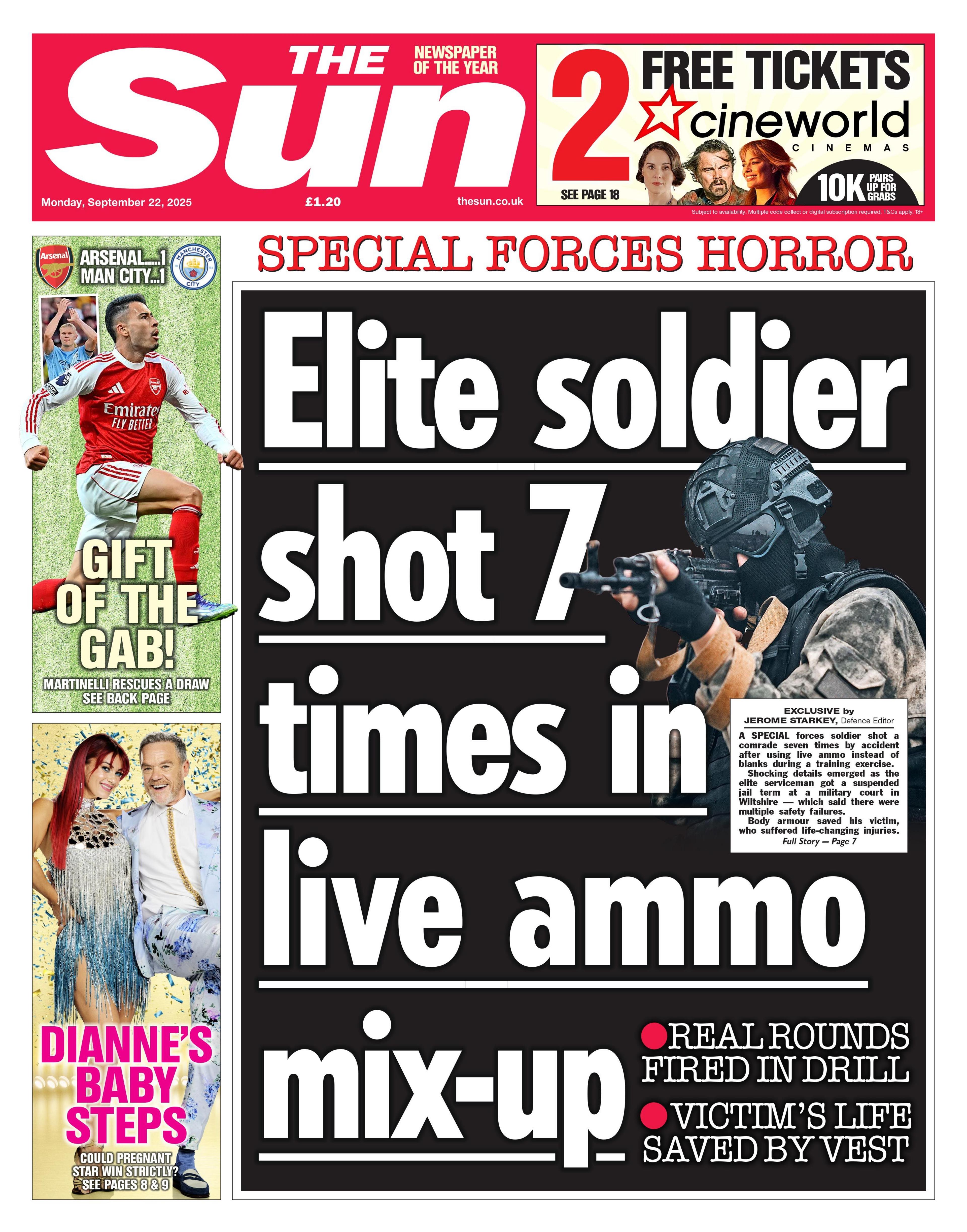 "Elite soldier shot 7 times in live ammo mix-up" reads the headline on the front page of The Sun.