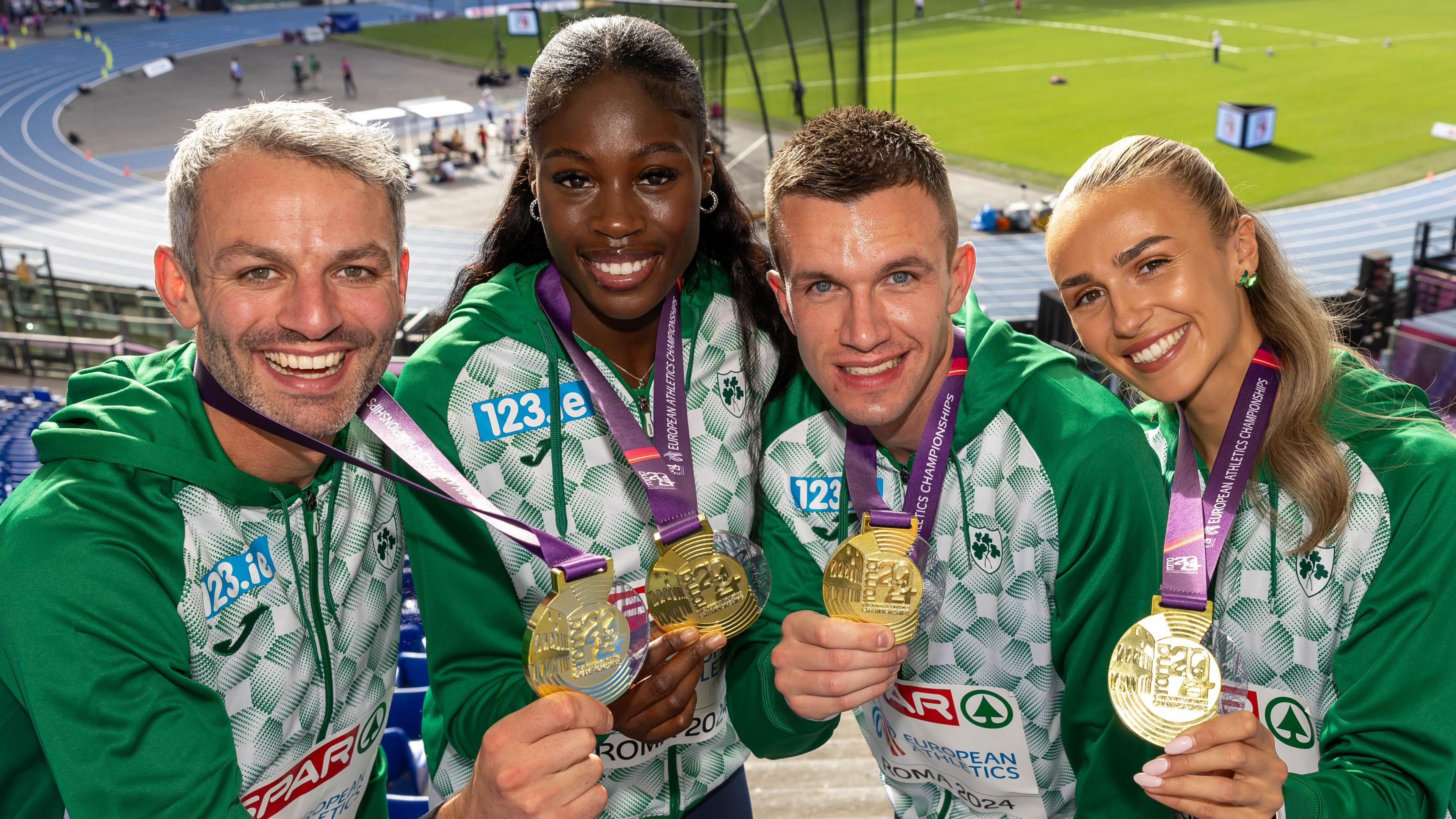 Thomas Barr, Chris O'Donnell, Rhasidat Adeleke and Sharlene Mawdsley celebrate their gold medal in Rome