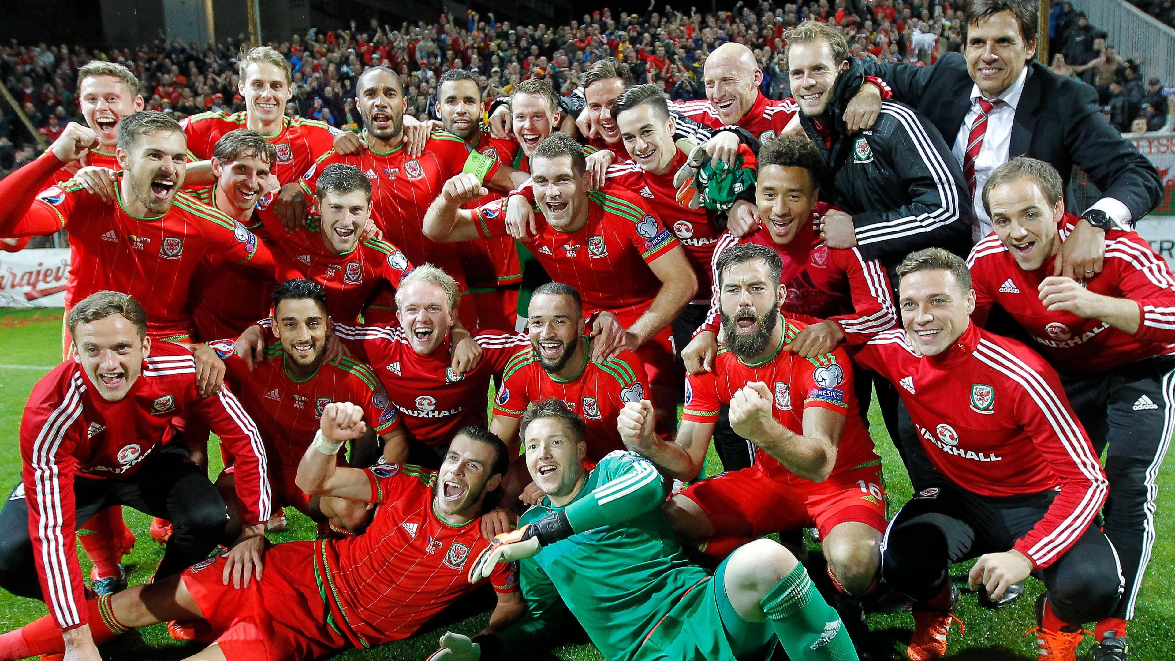 Wales players celebrated on the pitch in Zenica after losing to Bosnia in 2015