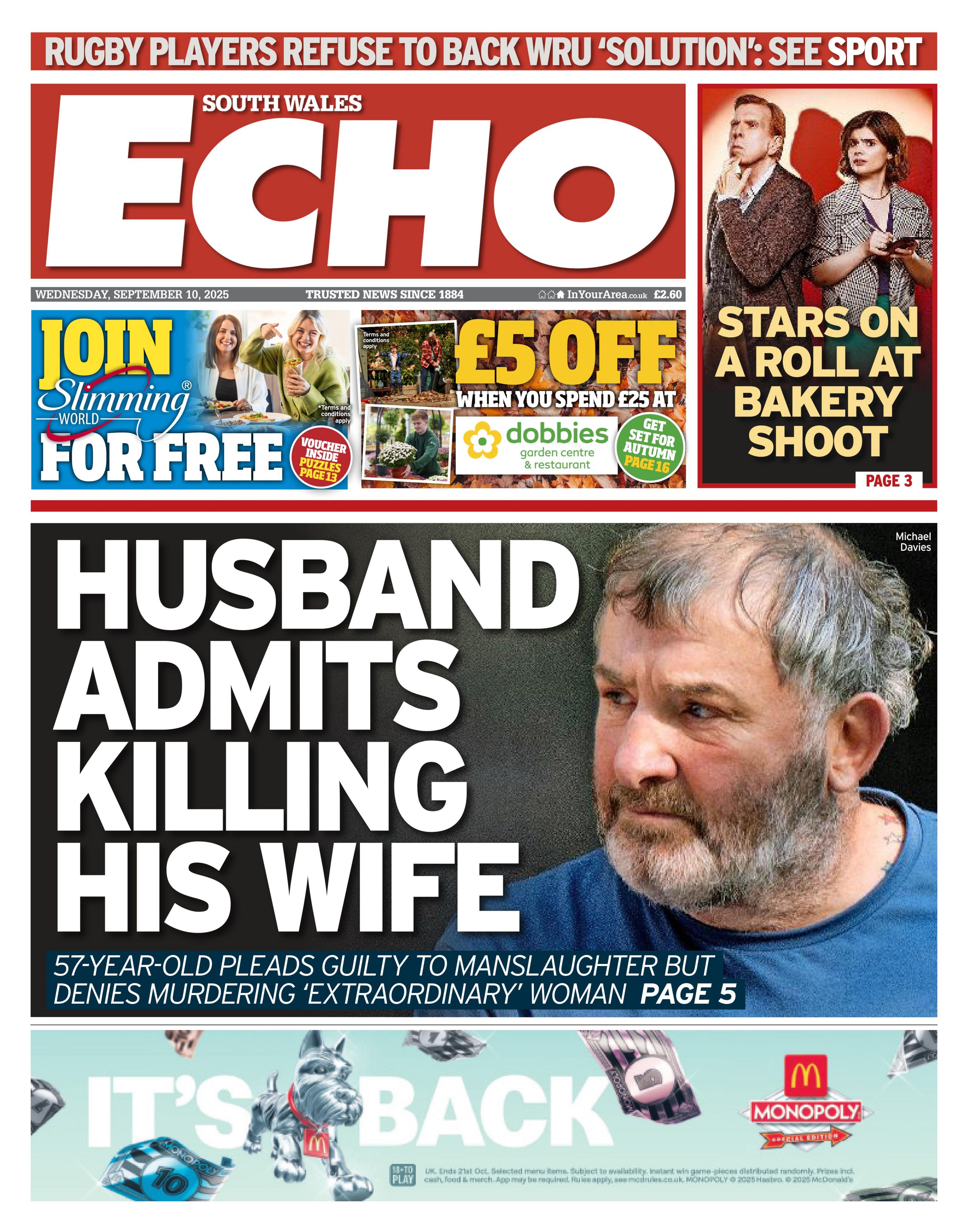 Main headline: Husband admits killing his wife; 52-year-old pleads guilty to manslaughter but denies murdering 'extraordinary' woman. Next to photo of a man with a greying beard and grey receding hair. He is wearing a blue t-shirt.