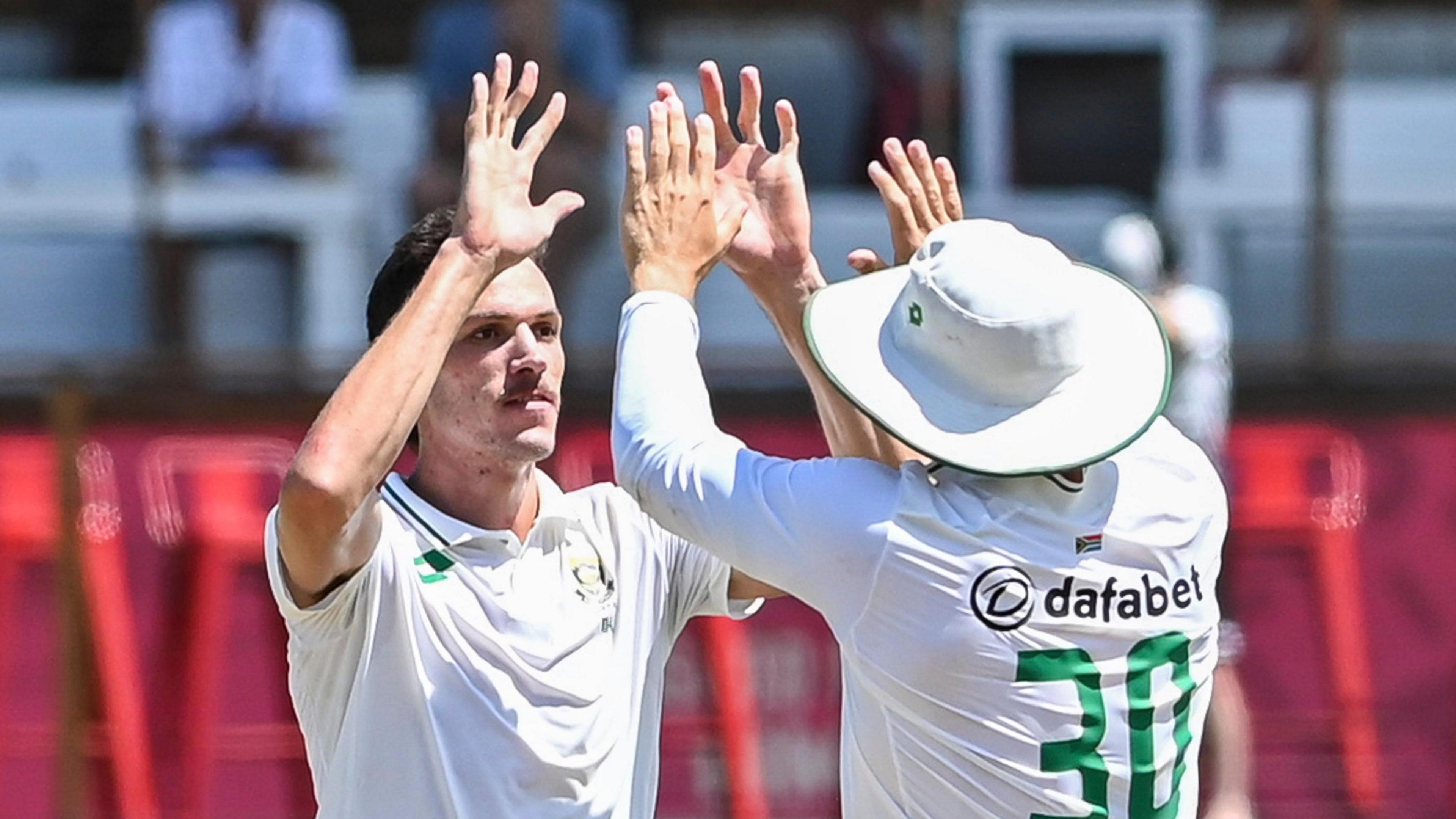 Marco Jansen celebrates a wickets