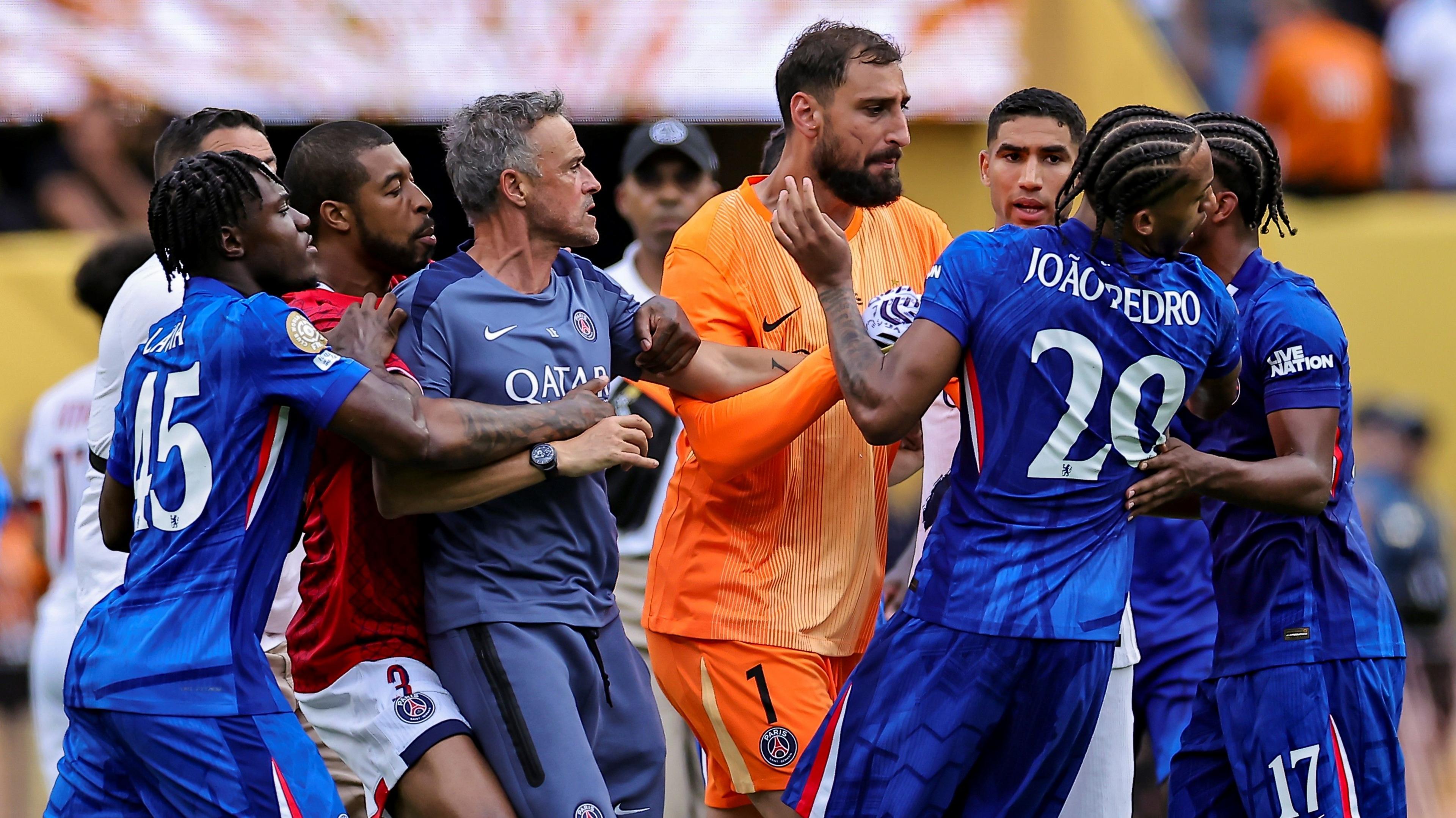 Luis Enrique and Joao Pedro clash after Chelsea's Club World Cup victory over Paris St-Germain