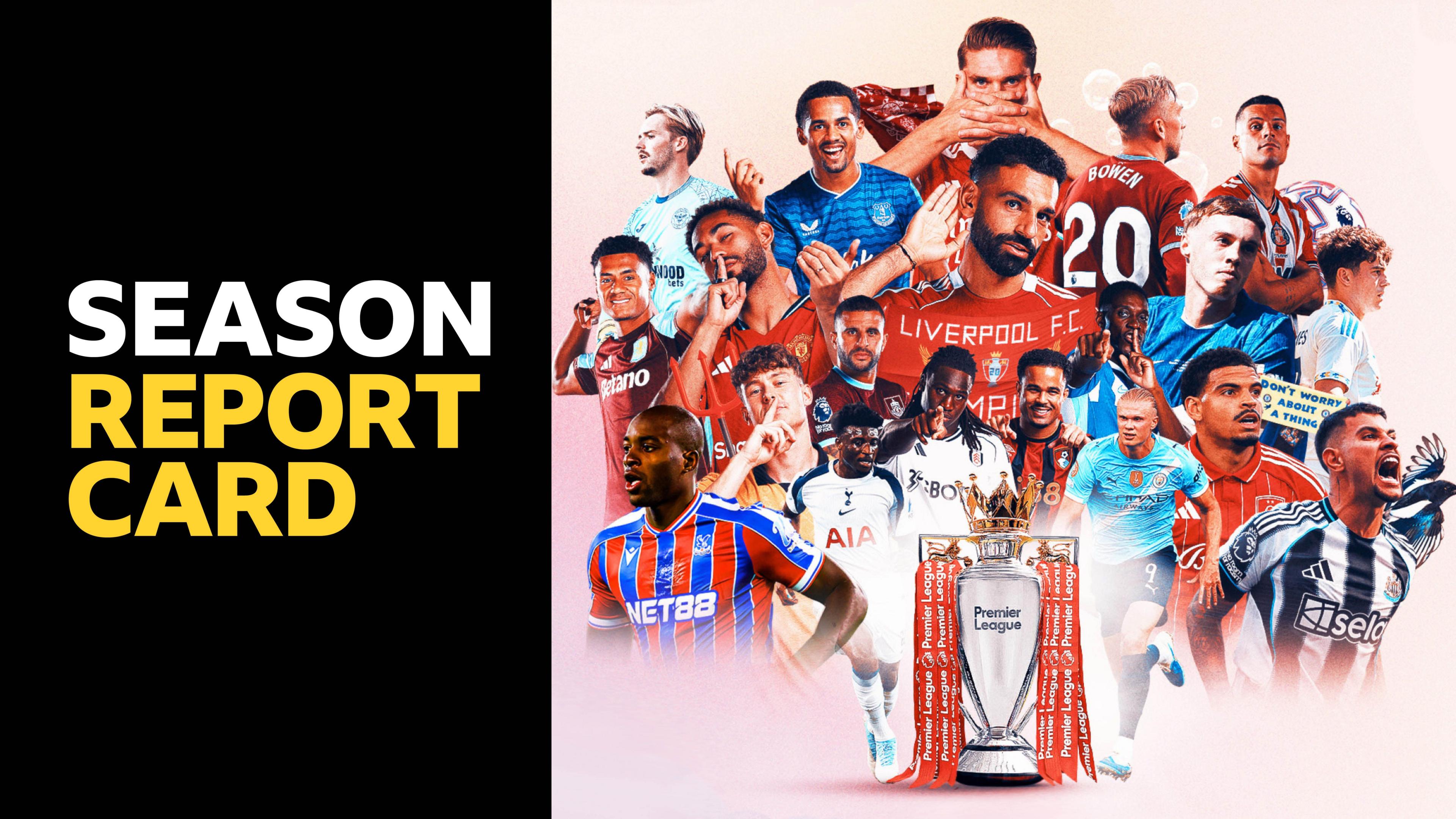 A BBC Sport graphic features the Premier League trophy, 20 players from different teams and the words 'Season report card'