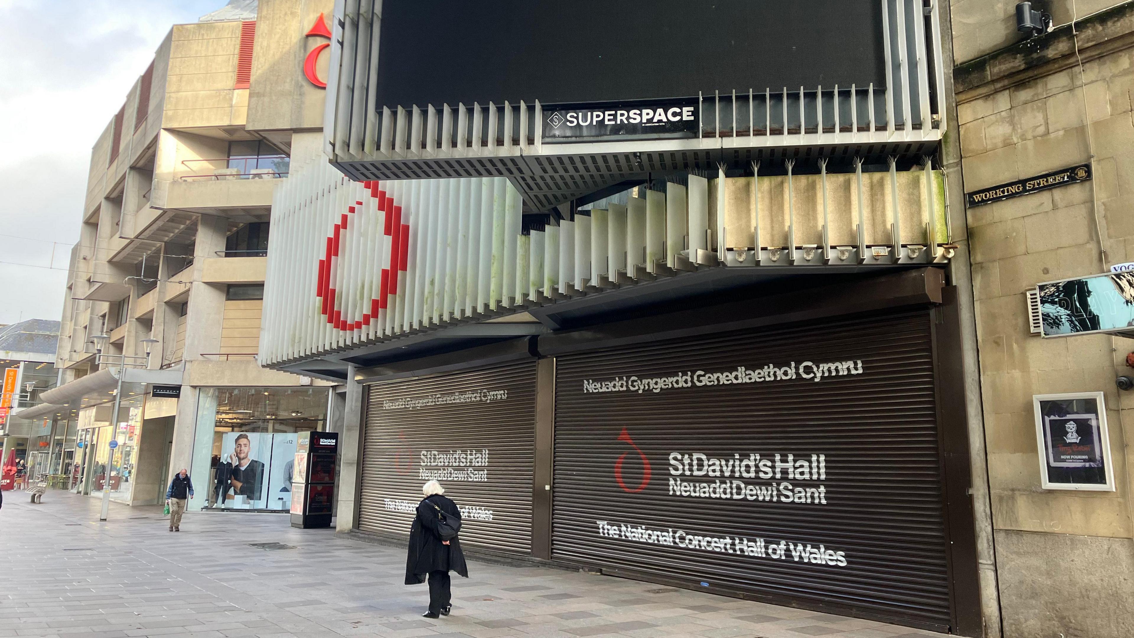 St David's Hall in Cardiff, with shutters pulled down