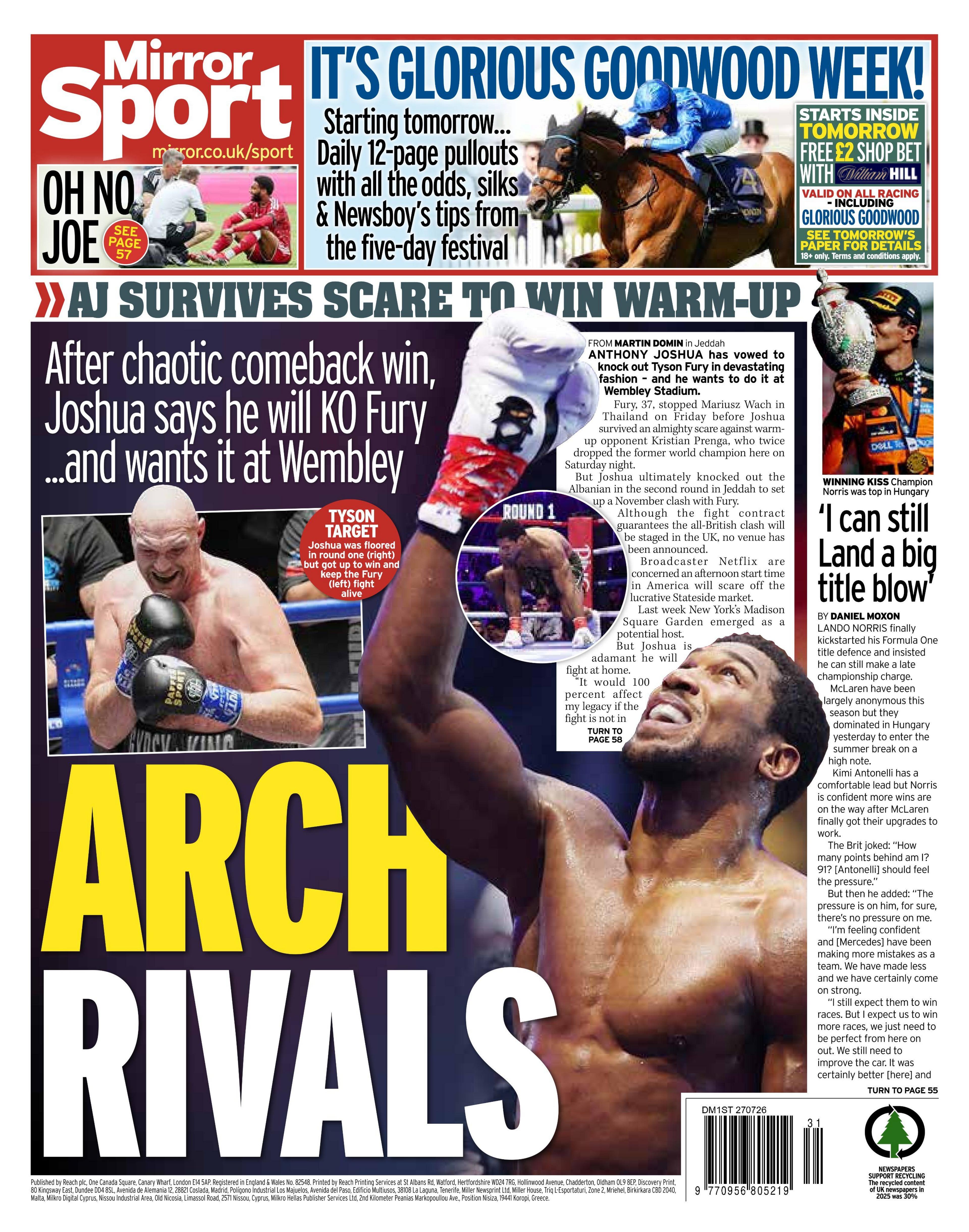 Back page of the Daily Mirror on 27 July 2026