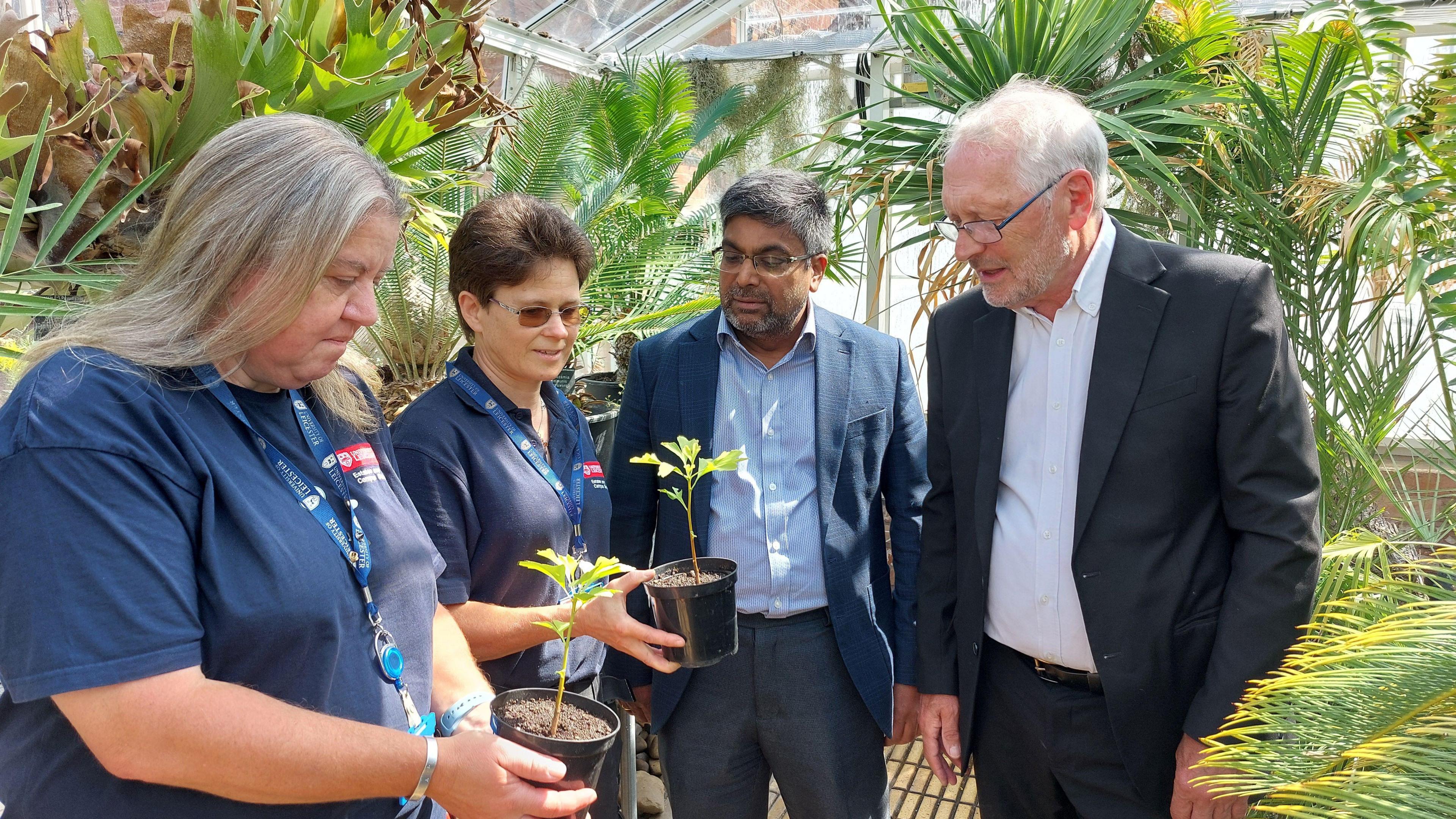 From left: June Saddington and Rachel Benskin from the Botanic Garden team, with University Vice-Chancellor Professor Nishan Canagarajah and Mayor of Leicester, Sir Peter Soulsby.