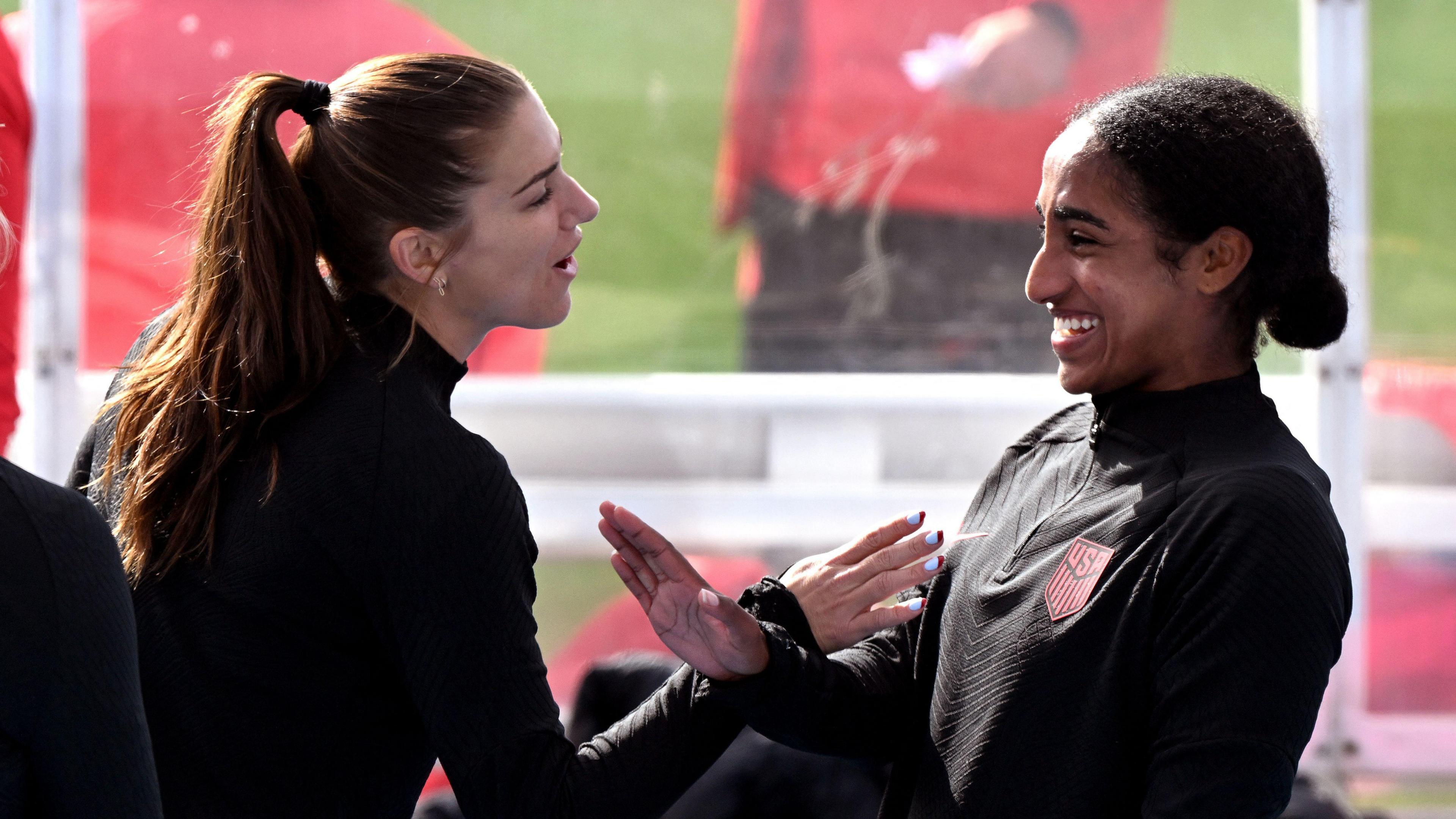 Naomi Girma and Alex Morgan take part in a training session at the Women's World Cup in Melbourne