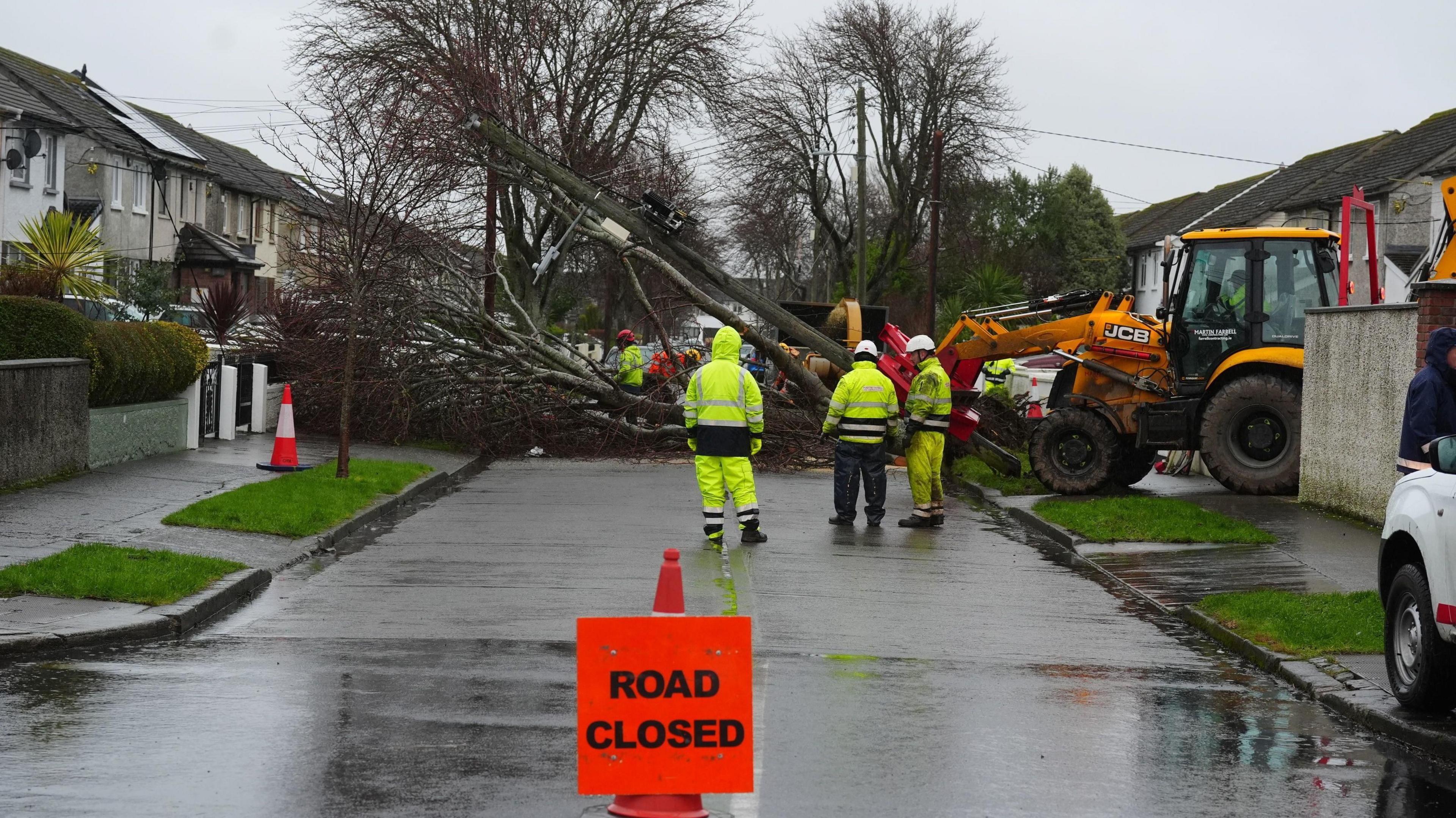 Three workers in reflective gear stand in the middle of a residential street looking at a large tree which has fallen over. There is an orange cone with a 'road closed' sign on it at the top of the street with a yellow digger parked at the side.