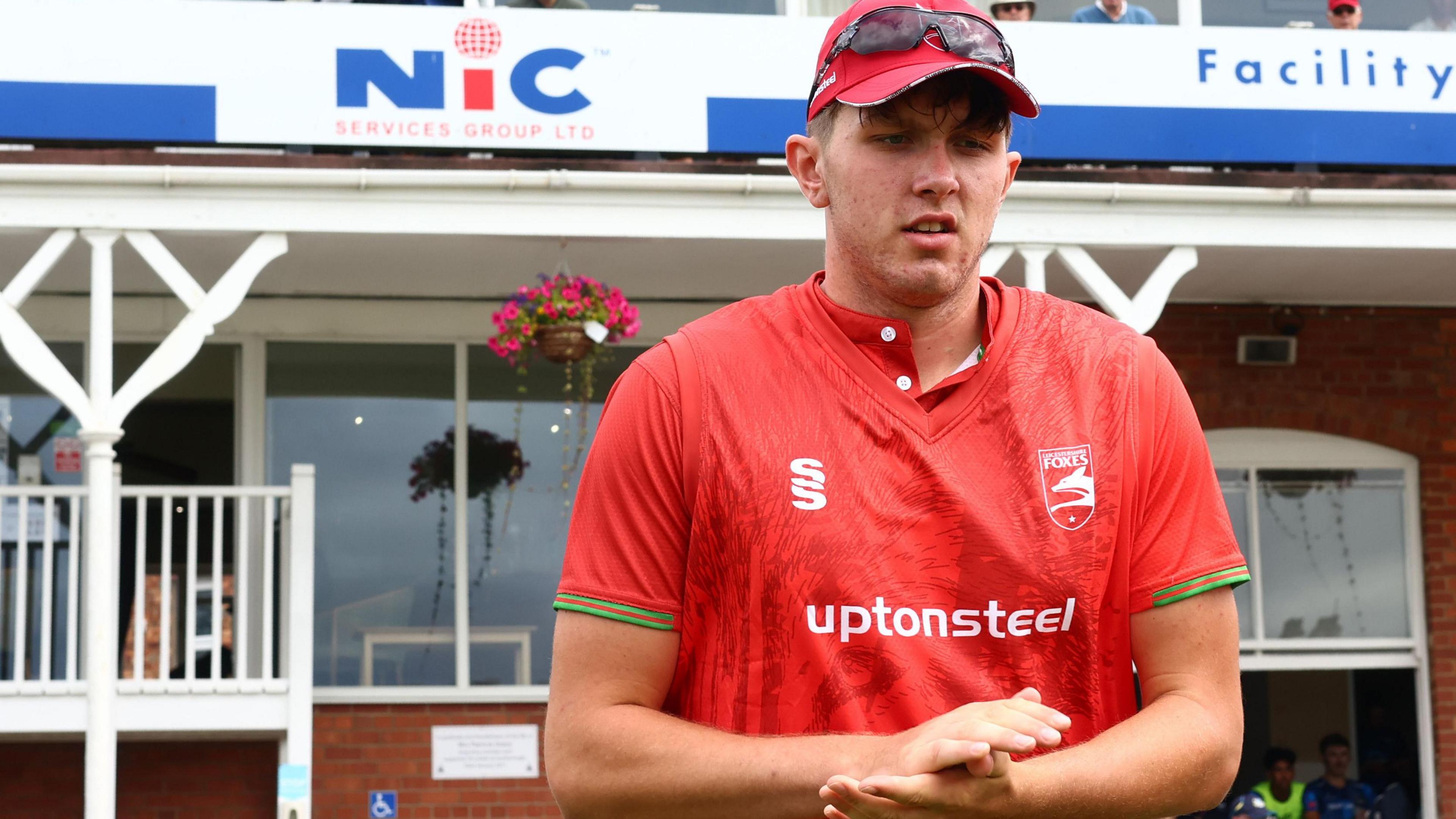 Alex Green emerges from the pavilion before his Foxes debut in the One-Day Cup tie with Yorkshire at Scarbrorough